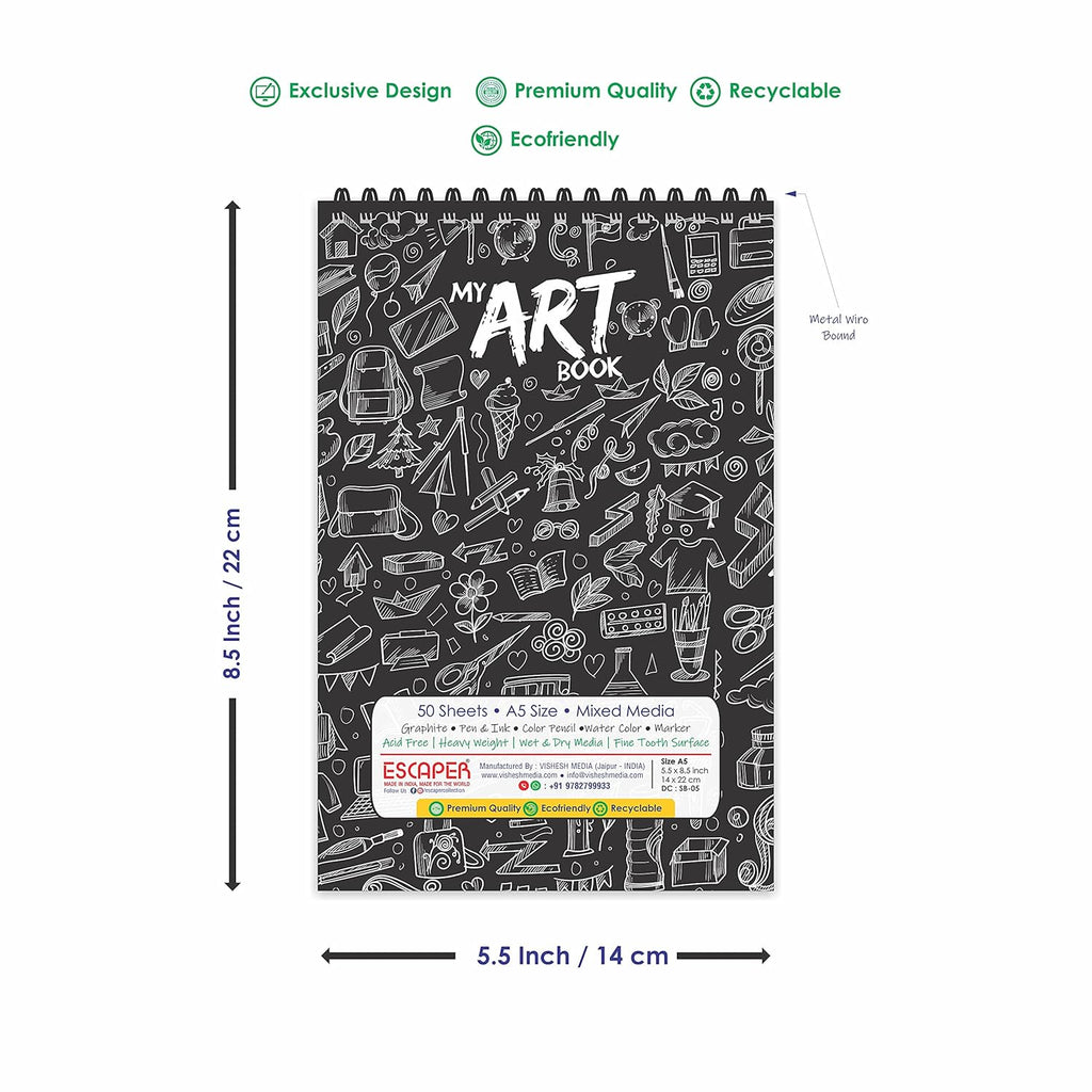 Black Themed A5 Sketch Book - Unleash Your Imagination with 50 Sheets (100 Pages) of Superior-Quality Artist Paper