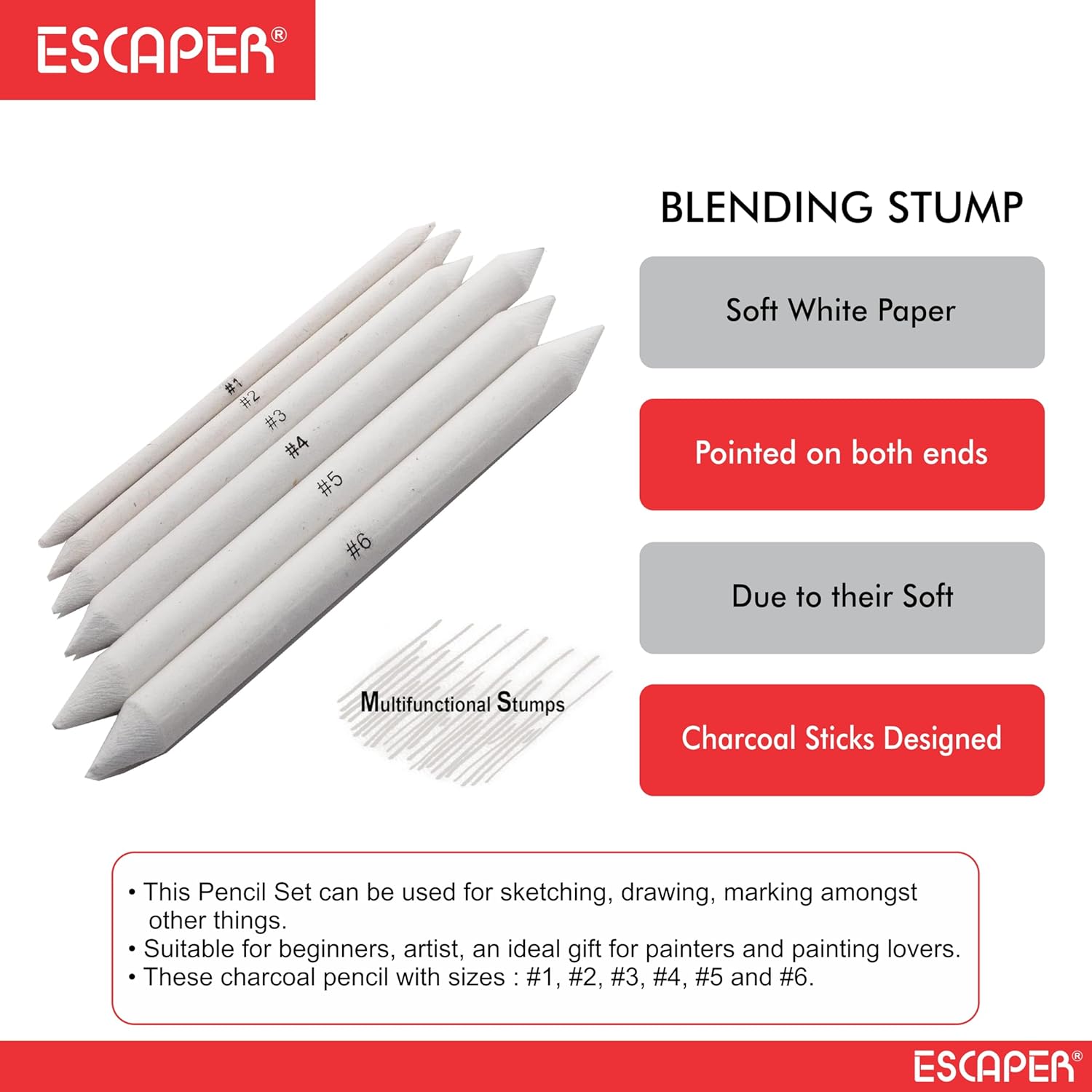Blending Stumps for Drawing, (Set of 1 to 6 Size) Paper Stumps for Art and Craft, Sketching and Shading, Stumps Craft Set for Artists, Ideal with Charcoal, Graphite and Pastels