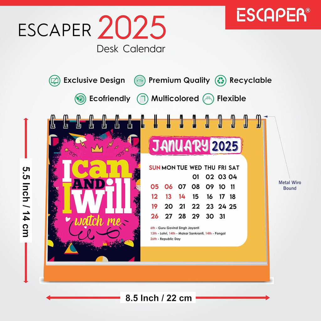 I can I will Motivational Desk & Office Table Calendar 2025 with Quotes 12 Monthly Pages with Thick Paper Twin-Wire Binding Table Calendar 2025 (A5 Size, 8.5" x 5.5")