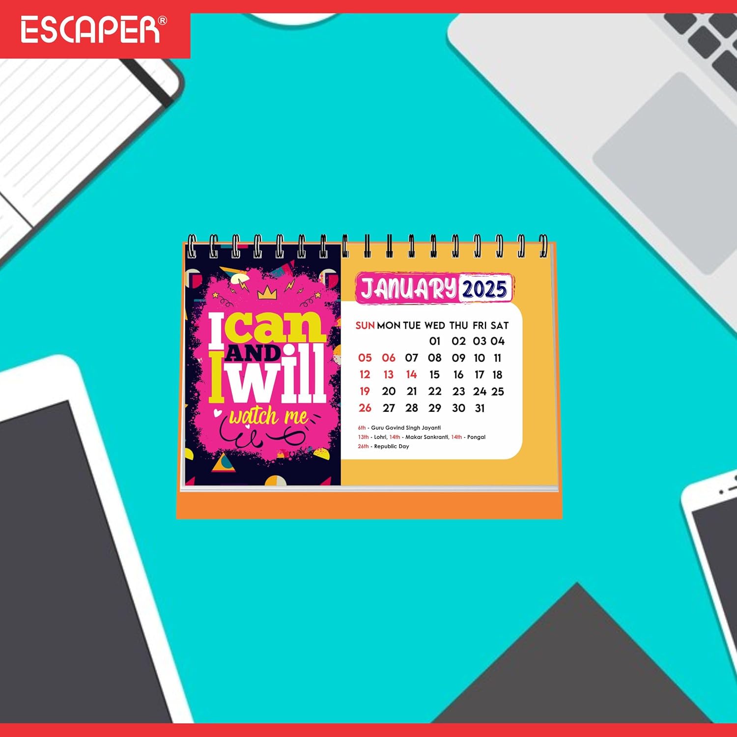 I can I will Motivational Desk & Office Table Calendar 2025 with Quotes 12 Monthly Pages with Thick Paper Twin-Wire Binding Table Calendar 2025 (A5 Size, 8.5" x 5.5")