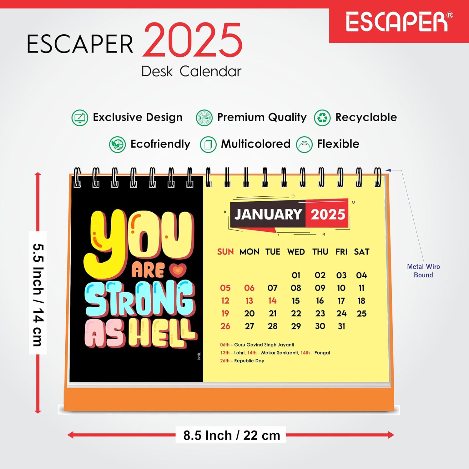 You are Strong 2025 Motivational Desk Calendar with Inspirational Quotes - A5 Size, Twin-Wire Binding, 12 Monthly Pages