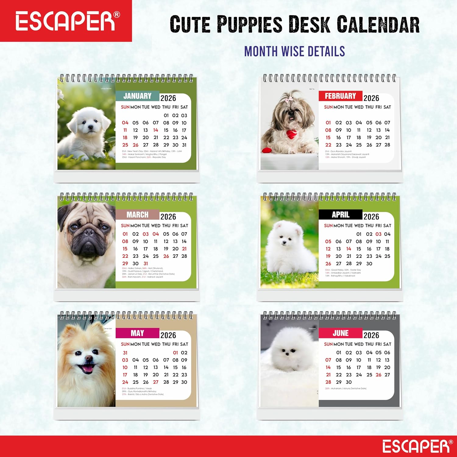 Cute Puppies 2026 Desk Calendar, A5 Size Puppy Desktop Calendar, Puppy Lover Gift, 16-Page Desk Calendar with Holidays & To-Do List, New Year Gift, Dogs Calendar 2026