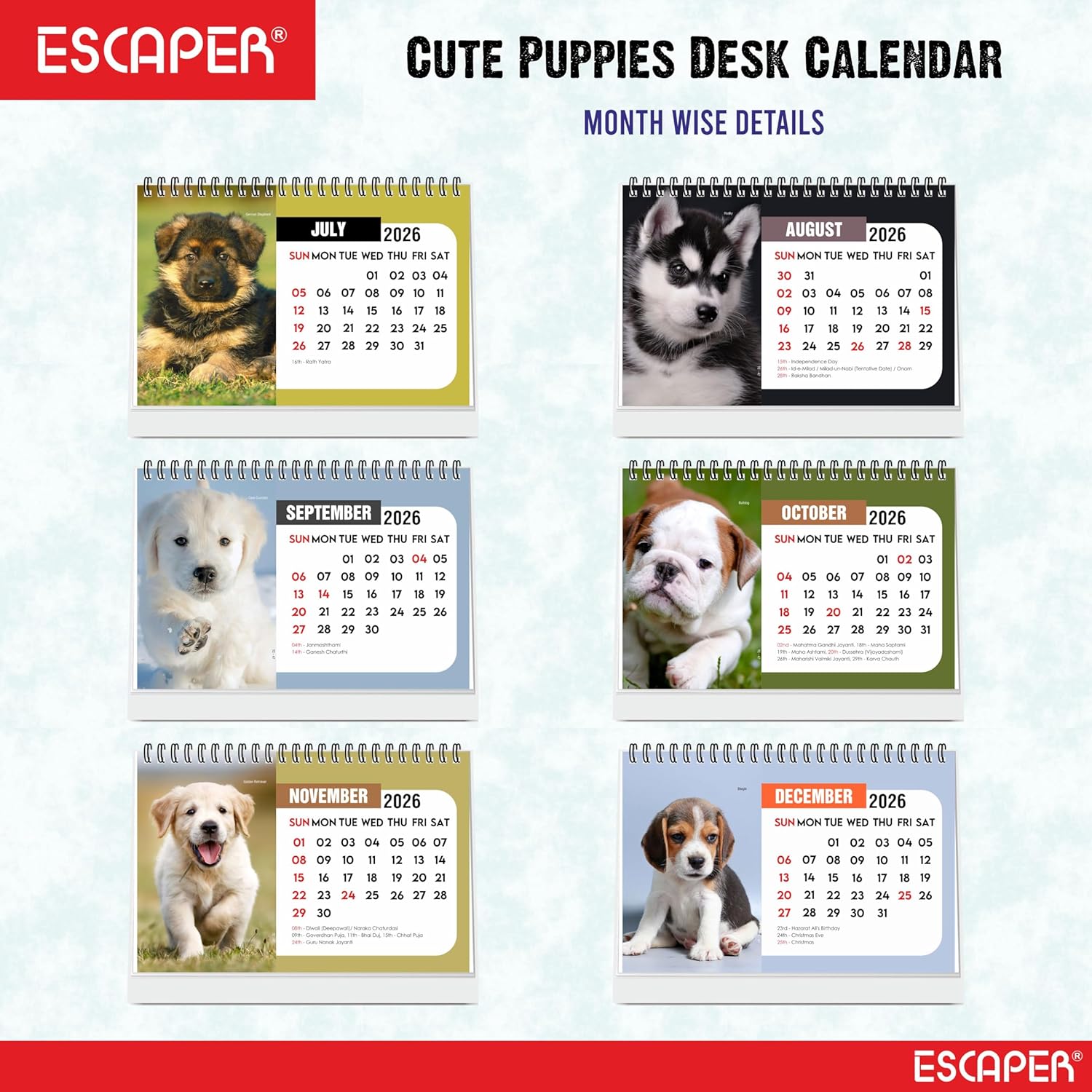 Cute Puppies 2026 Desk Calendar, A5 Size Puppy Desktop Calendar, Puppy Lover Gift, 16-Page Desk Calendar with Holidays & To-Do List, New Year Gift, Dogs Calendar 2026