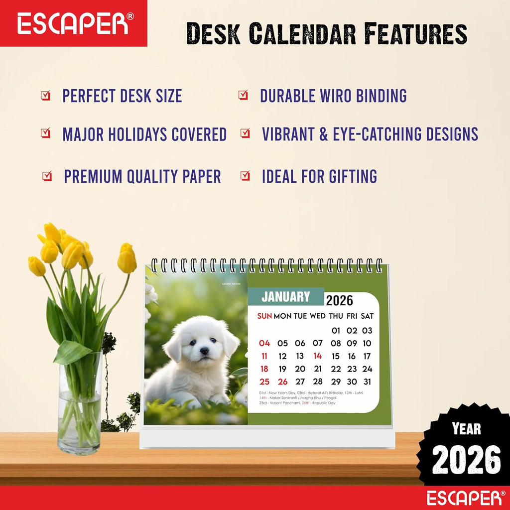 Cute Puppies 2026 Desk Calendar, A5 Size Puppy Desktop Calendar, Puppy Lover Gift, 16-Page Desk Calendar with Holidays & To-Do List, New Year Gift, Dogs Calendar 2026