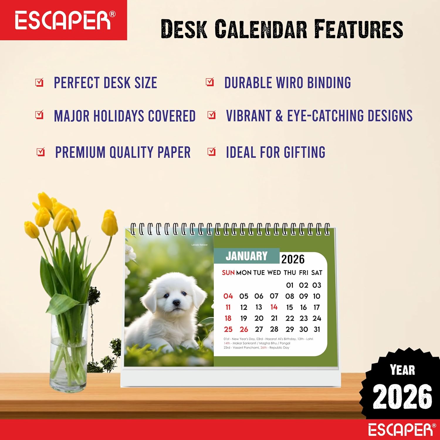 Cute Puppies 2026 Desk Calendar, A5 Size Puppy Desktop Calendar, Puppy Lover Gift, 16-Page Desk Calendar with Holidays & To-Do List, New Year Gift, Dogs Calendar 2026