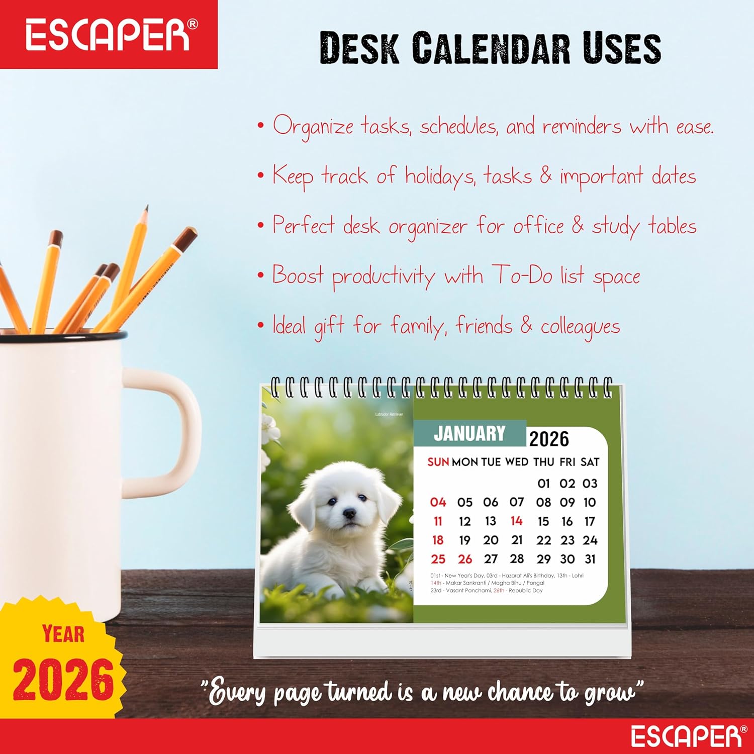 Cute Puppies 2026 Desk Calendar, A5 Size Puppy Desktop Calendar, Puppy Lover Gift, 16-Page Desk Calendar with Holidays & To-Do List, New Year Gift, Dogs Calendar 2026