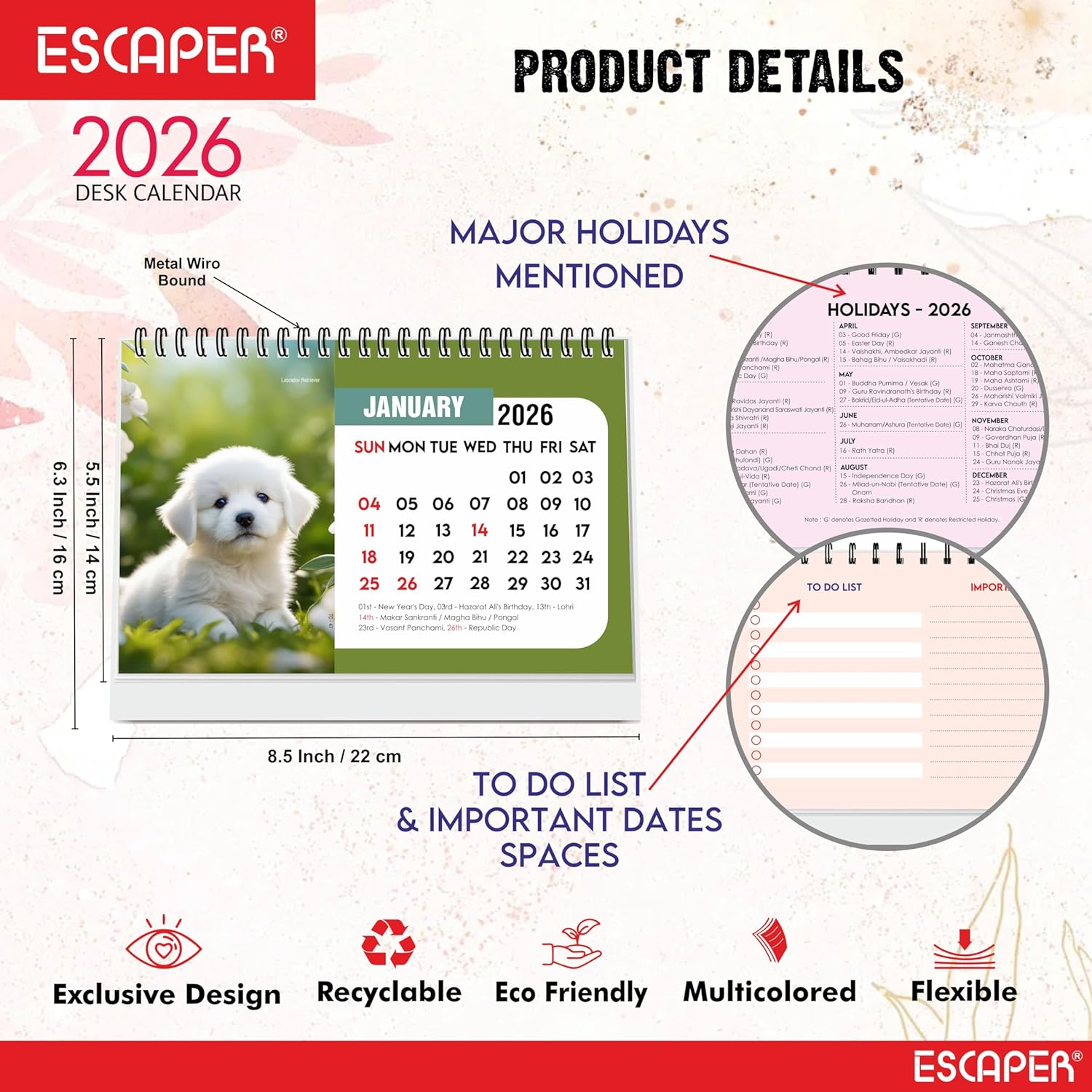 Cute Puppies 2026 Desk Calendar, A5 Size Puppy Desktop Calendar, Puppy Lover Gift, 16-Page Desk Calendar with Holidays & To-Do List, New Year Gift, Dogs Calendar 2026