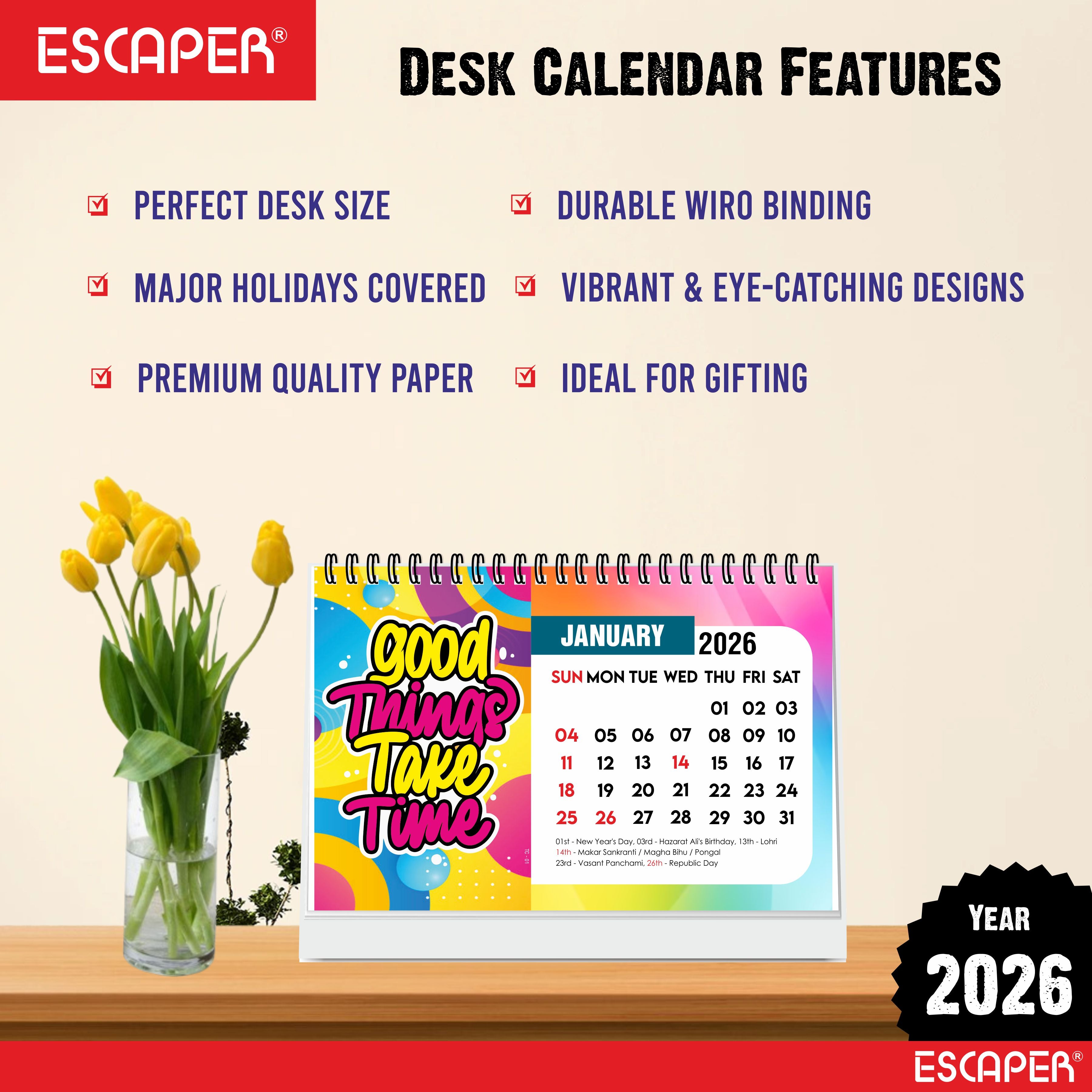 Good Things Motivational Desk Calendar 2026 with Quotes, A5 Size 8.5" x 5.75", New Year Calendar 2026, Table Calendar for Gifting, Cute Desk Accessory