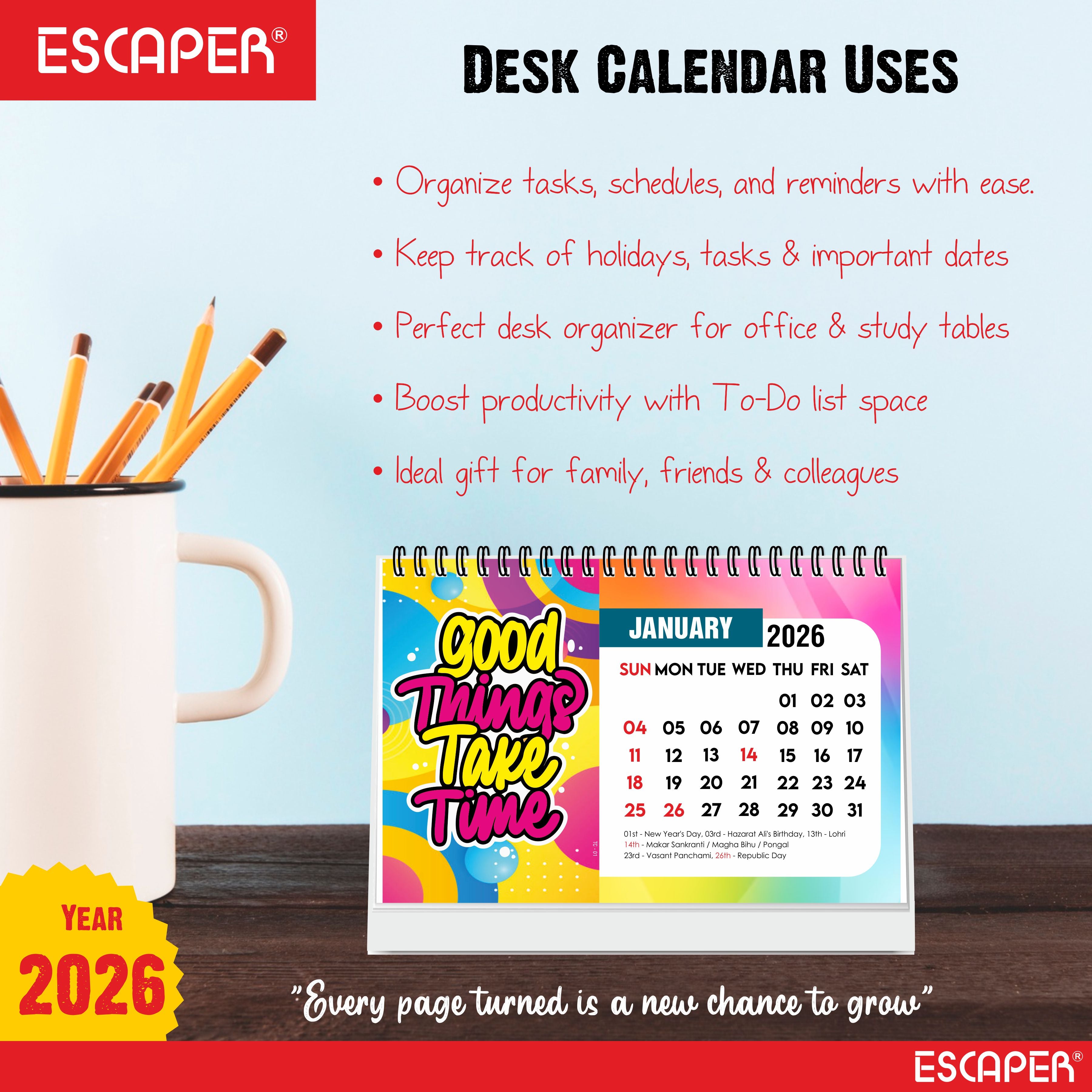 Good Things Motivational Desk Calendar 2026 with Quotes, A5 Size 8.5" x 5.75", New Year Calendar 2026, Table Calendar for Gifting, Cute Desk Accessory