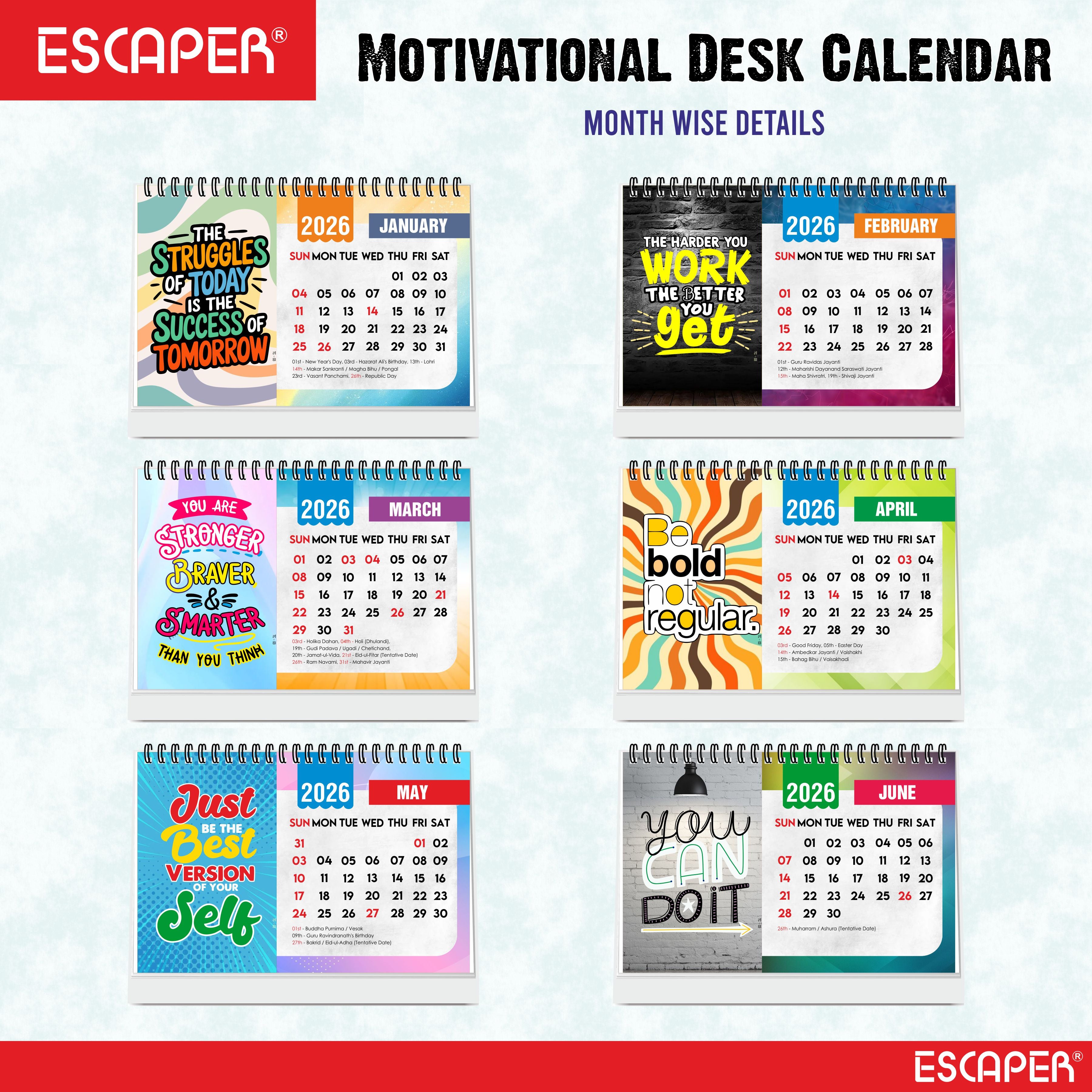 Positive Motivational Desk Calendar 2026 with Quotes, Table Calendar 2026 for Office Desk & Study Table, 12 Monthly Pages, Twin-Wire Binding (A5 Size, 8.5" x 5.5")