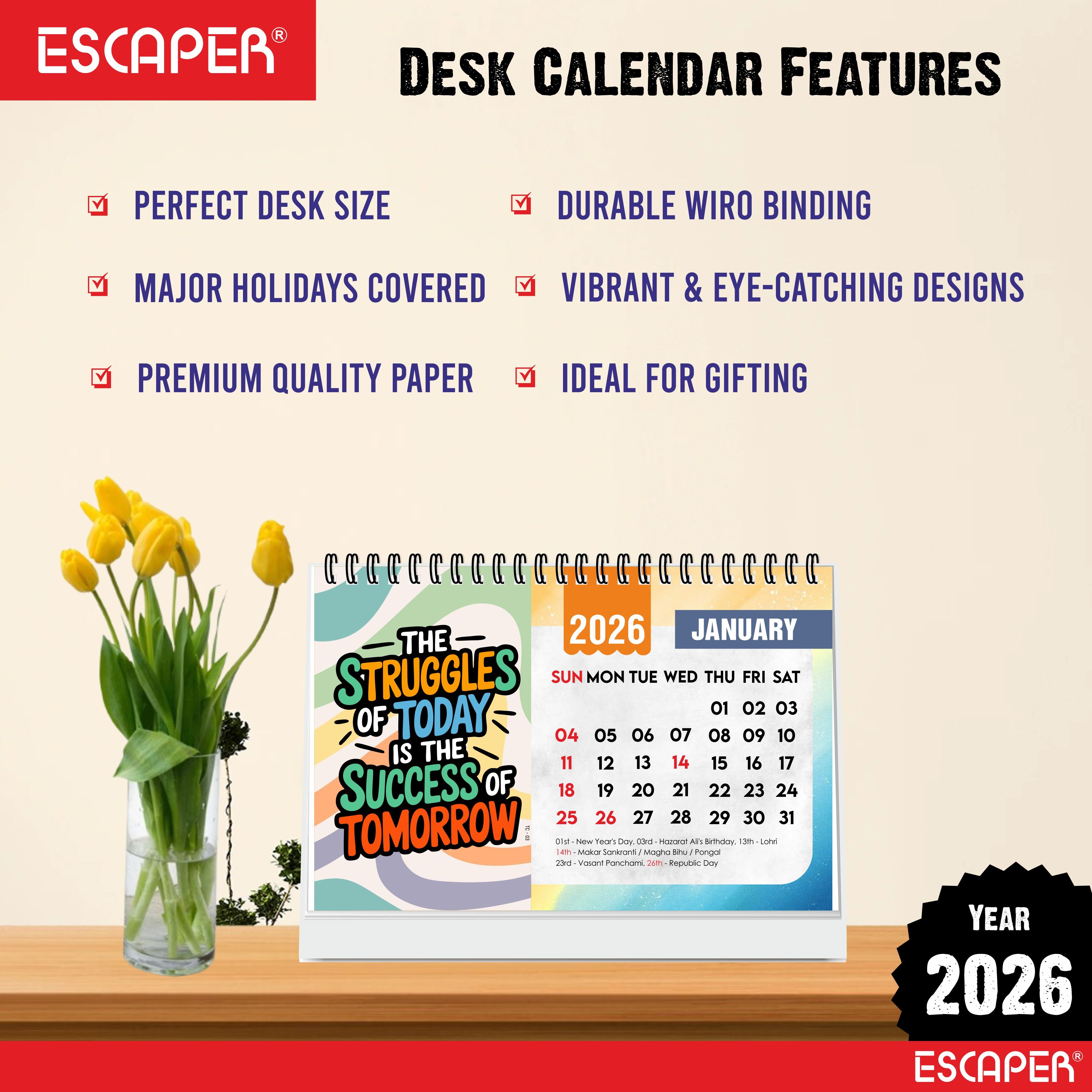 Positive Motivational Desk Calendar 2026 with Quotes, Table Calendar 2026 for Office Desk & Study Table, 12 Monthly Pages, Twin-Wire Binding (A5 Size, 8.5" x 5.5")