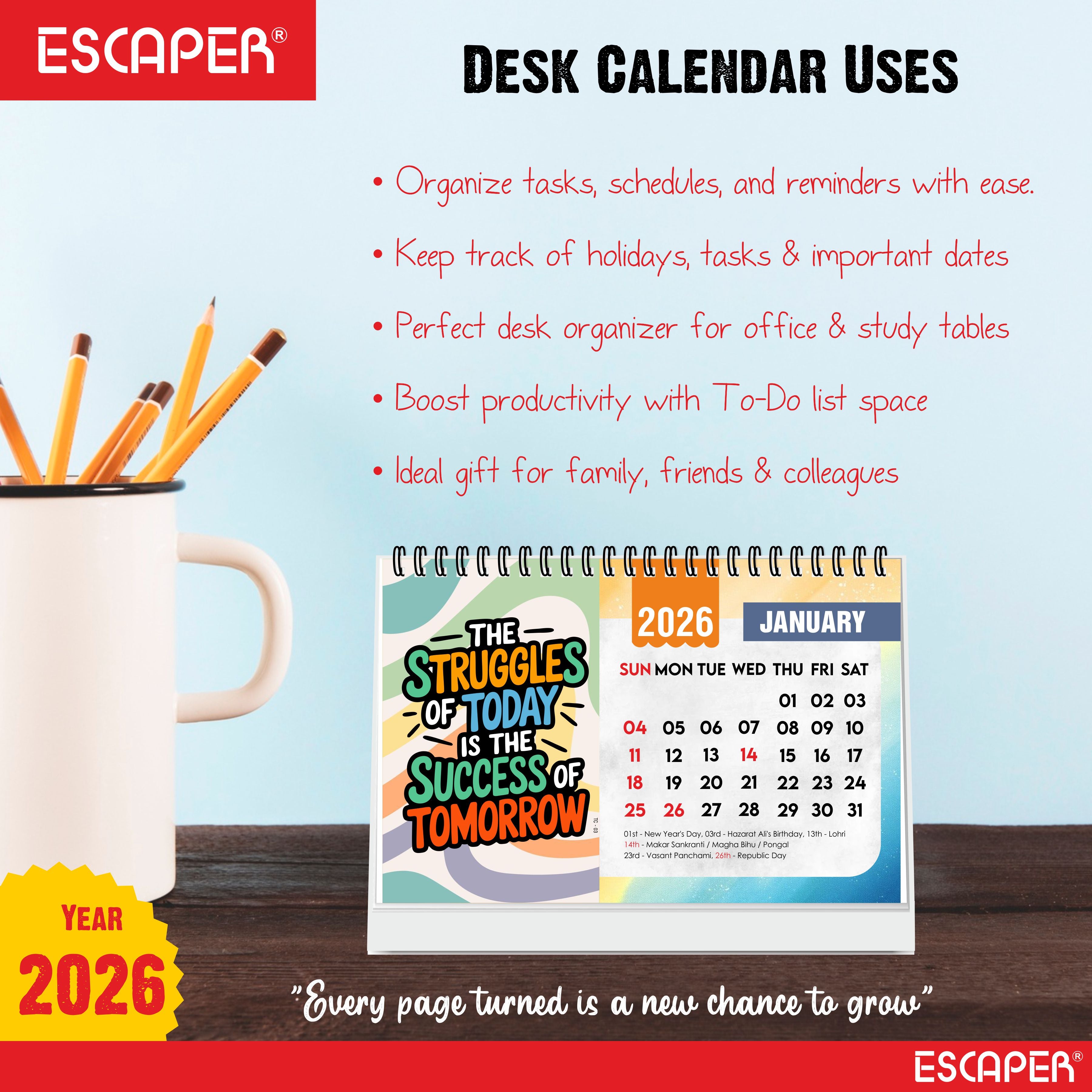 Positive Motivational Desk Calendar 2026 with Quotes, Table Calendar 2026 for Office Desk & Study Table, 12 Monthly Pages, Twin-Wire Binding (A5 Size, 8.5" x 5.5")