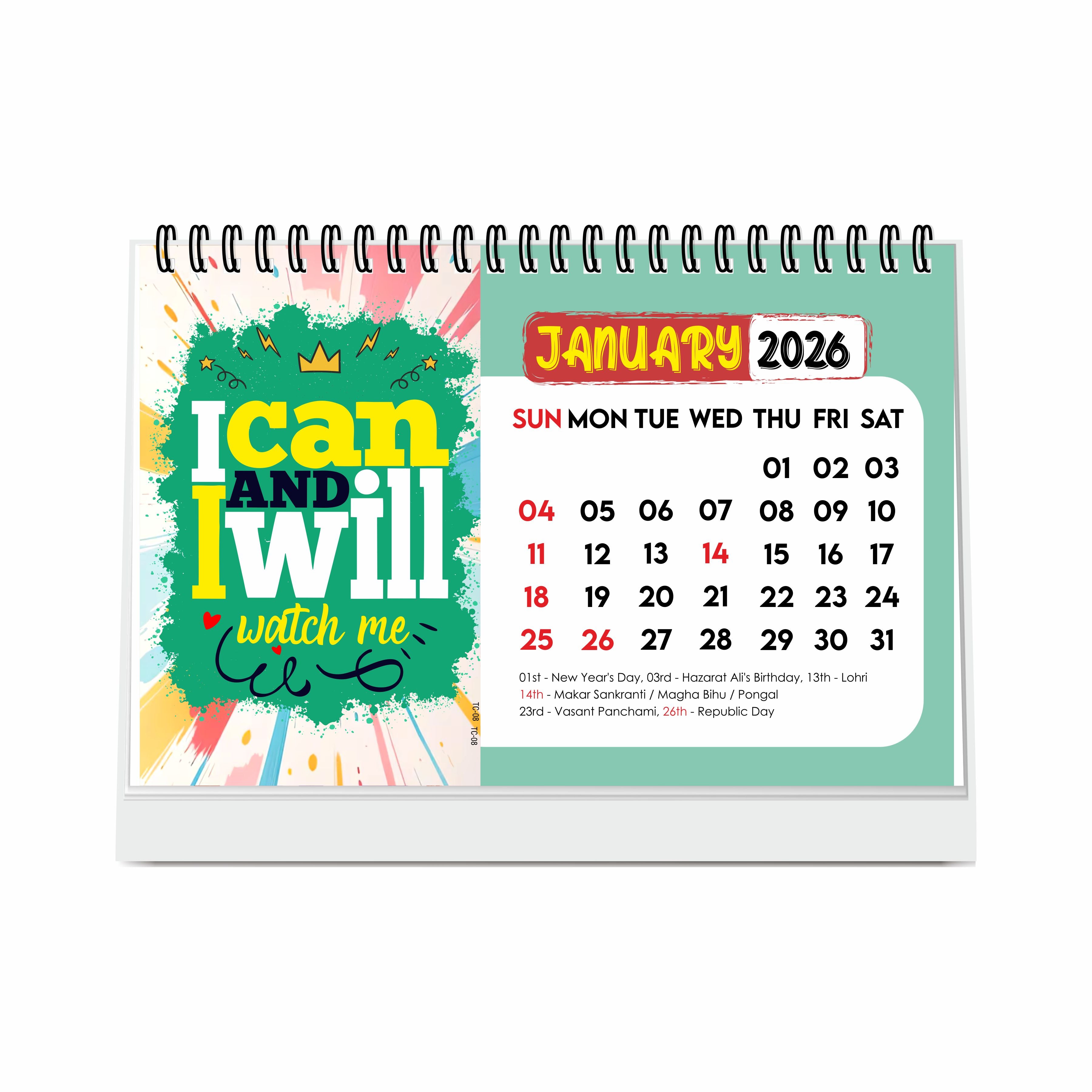 I Can I Will Motivational Desk Calendar 2026 with Quotes, A5 Size 8.5" x 5.5", Table Top Calendar 2026, Study Table Calendar, New Year Desk Calendar for Office & Gifting