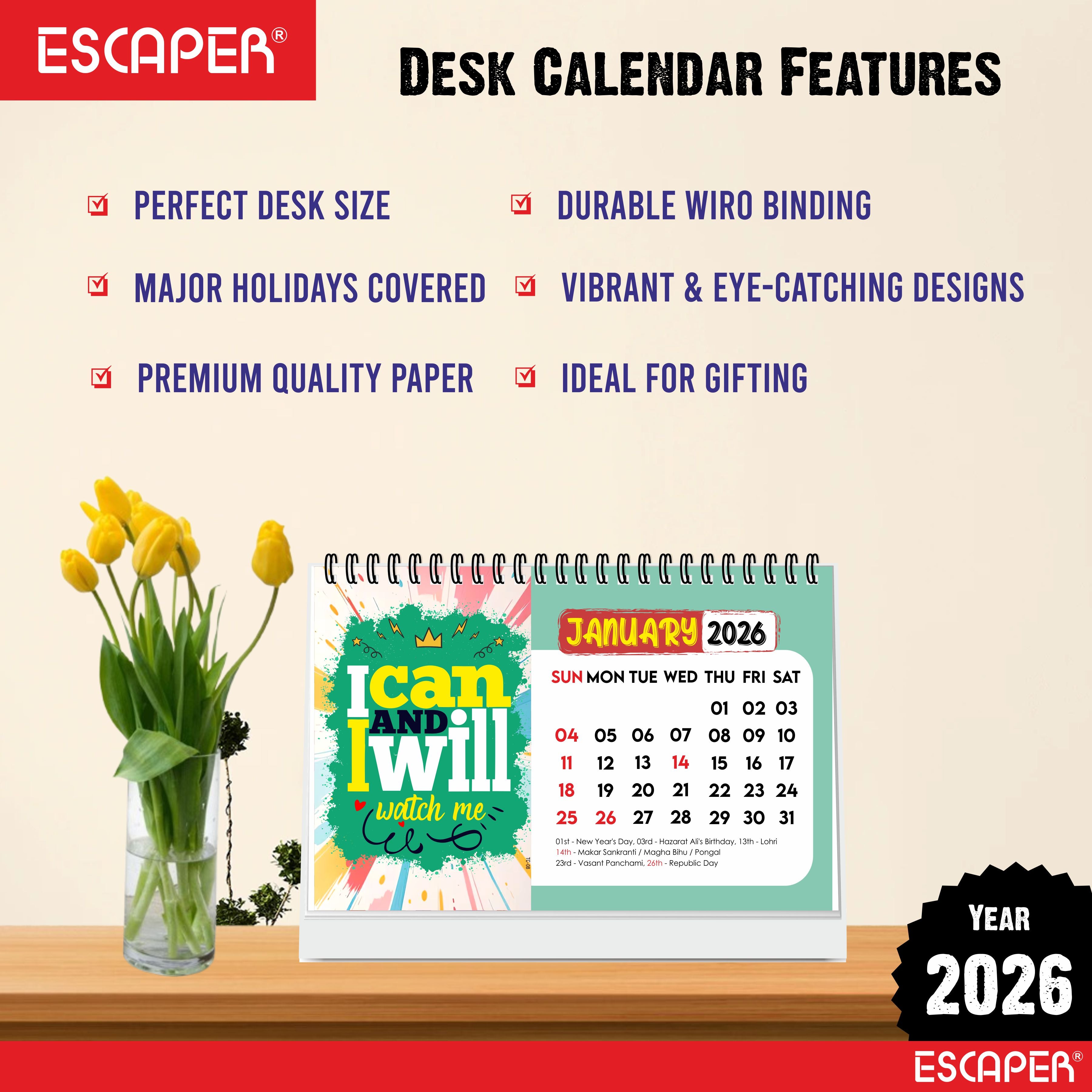 I Can I Will Motivational Desk Calendar 2026 with Quotes, A5 Size 8.5" x 5.5", Table Top Calendar 2026, Study Table Calendar, New Year Desk Calendar for Office & Gifting