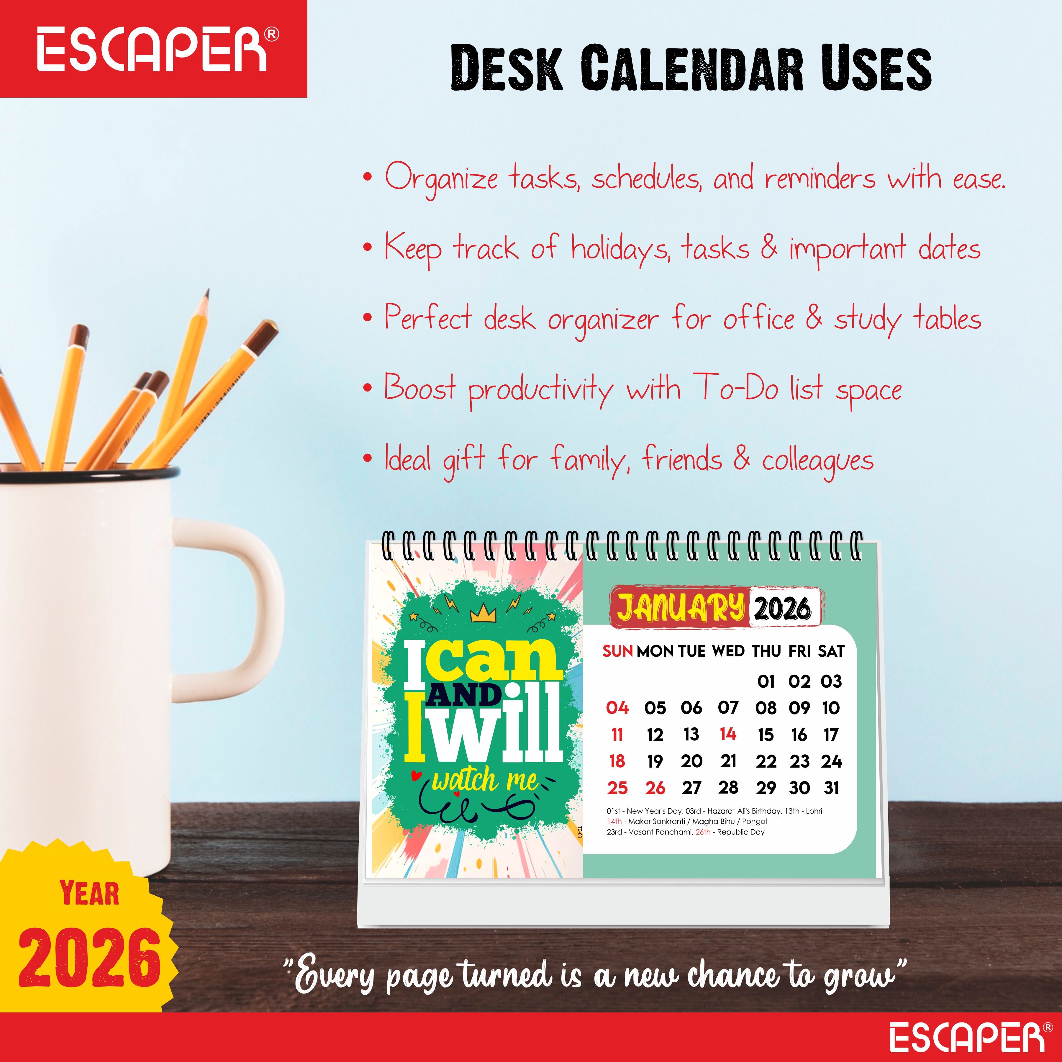 I Can I Will Motivational Desk Calendar 2026 with Quotes, A5 Size 8.5" x 5.5", Table Top Calendar 2026, Study Table Calendar, New Year Desk Calendar for Office & Gifting