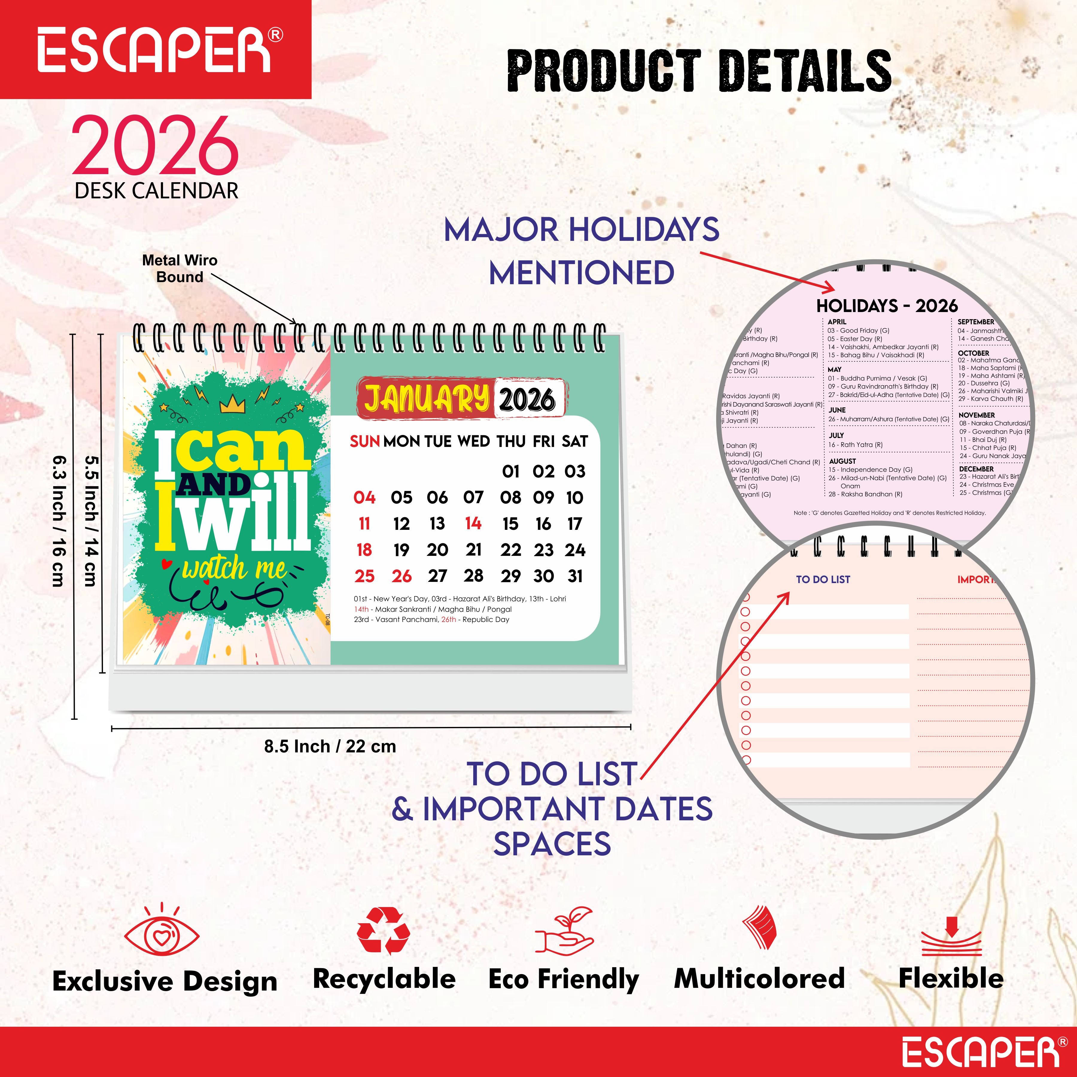 I Can I Will Motivational Desk Calendar 2026 with Quotes, A5 Size 8.5" x 5.5", Table Top Calendar 2026, Study Table Calendar, New Year Desk Calendar for Office & Gifting