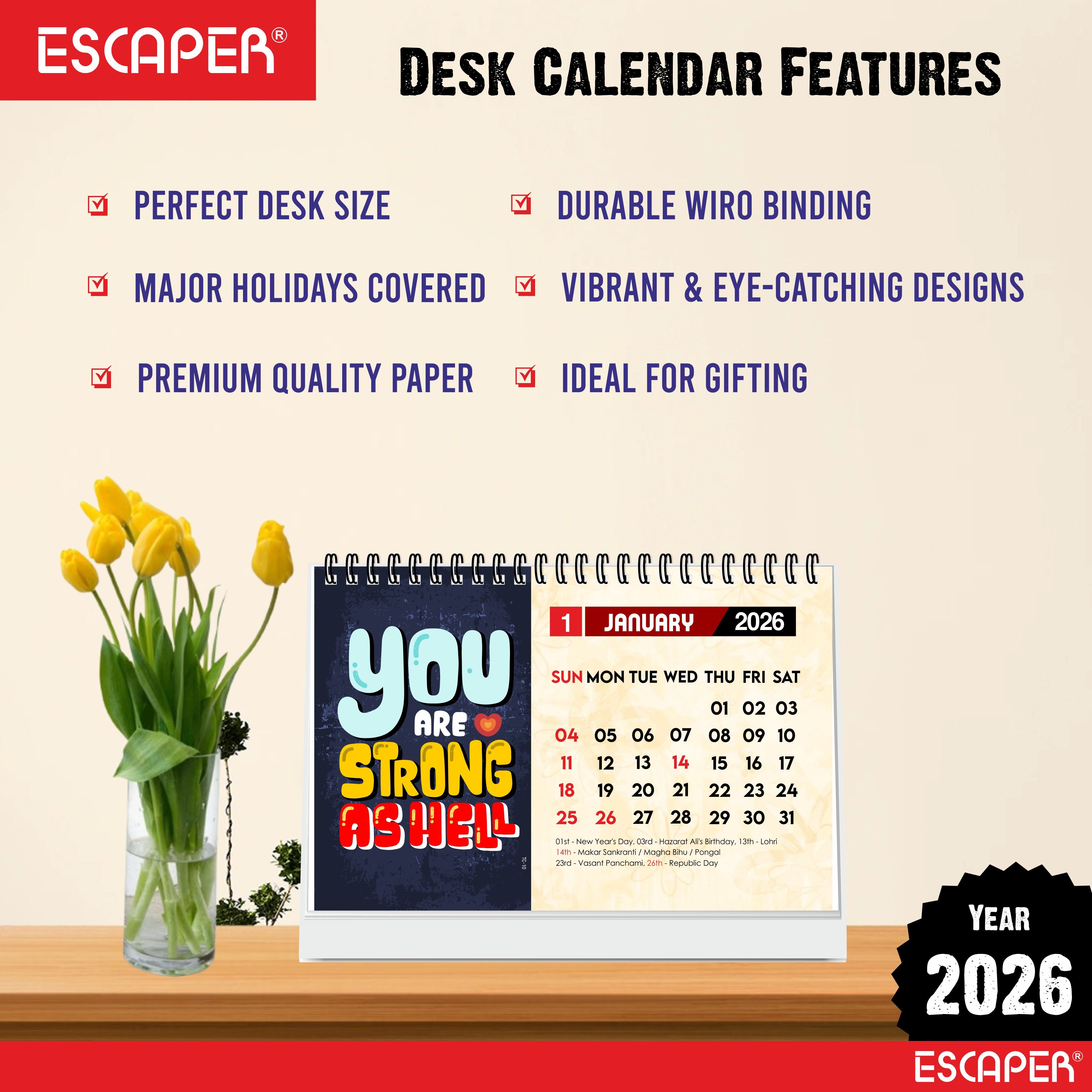 You Are Strong 2026 Motivational Desk Calendar with Quotes, A5 Size Desktop Calendar for Study, Office, Cute New Year Calendar & Inspirational Gift