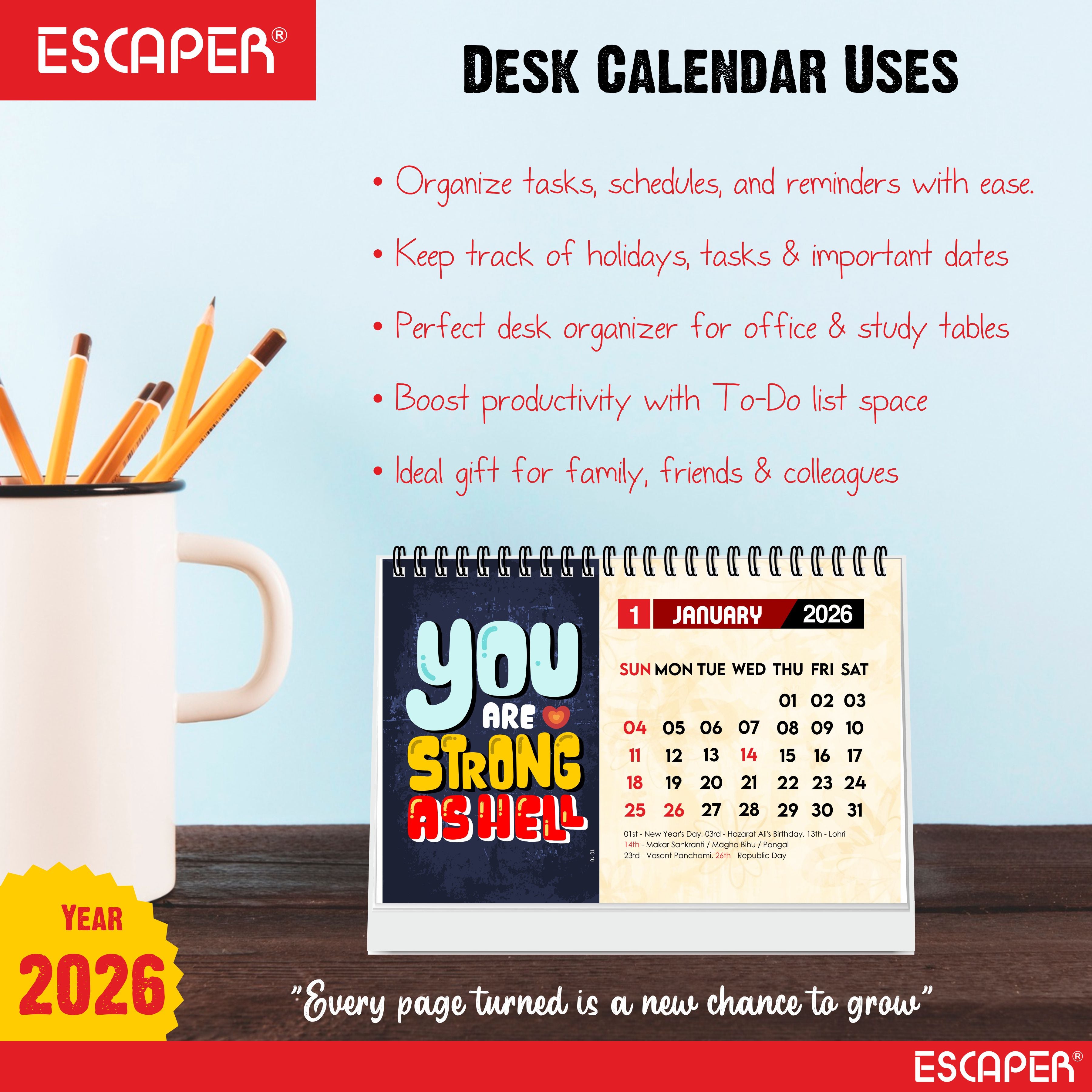 You Are Strong 2026 Motivational Desk Calendar with Quotes, A5 Size Desktop Calendar for Study, Office, Cute New Year Calendar & Inspirational Gift