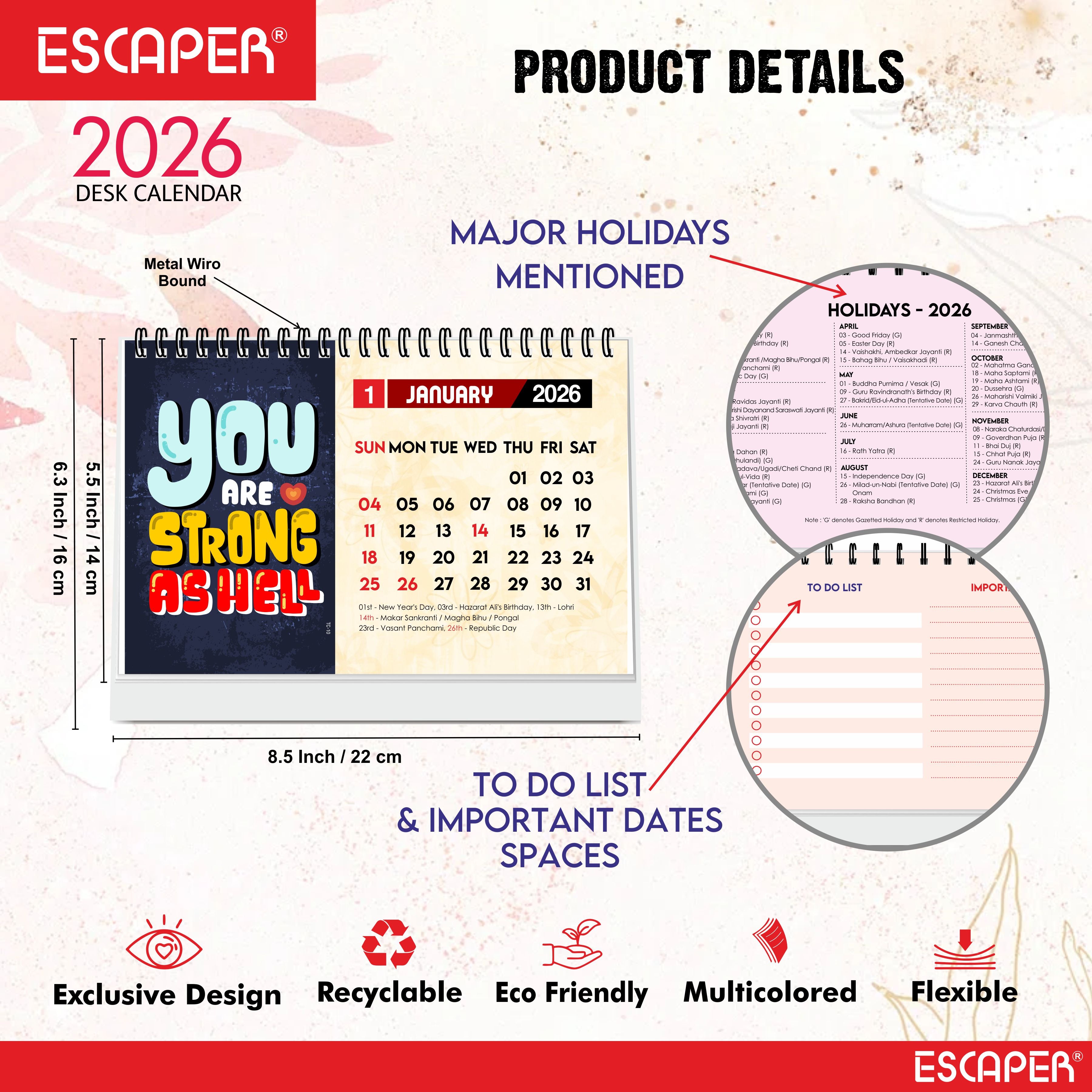 You Are Strong 2026 Motivational Desk Calendar with Quotes, A5 Size Desktop Calendar for Study, Office, Cute New Year Calendar & Inspirational Gift