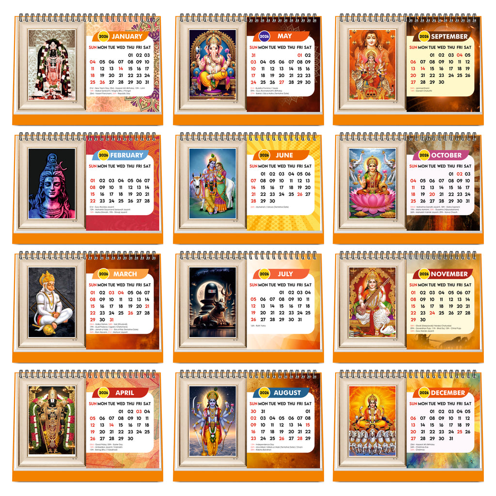 Hindu Gods & Goddess Religious Desk Calendar 2026, (A5 Size, 8.5" x 5.5") 12 Monthly Pages with Thick Paper Twin-Wire Binding Table Calendar 2026
