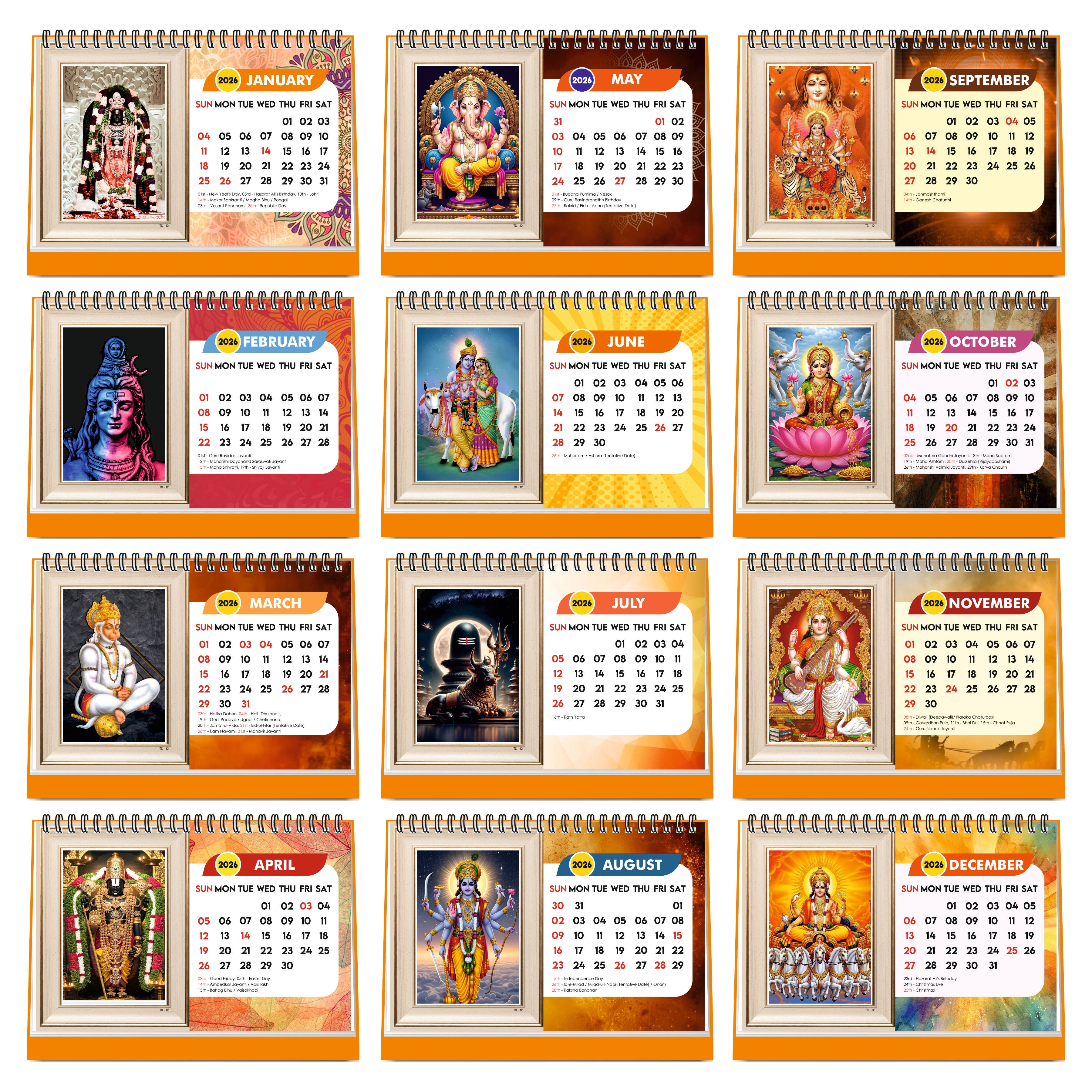 Hindu Gods & Goddess Religious Desk Calendar 2026, (A5 Size, 8.5" x 5.5") 12 Monthly Pages with Thick Paper Twin-Wire Binding Table Calendar 2026