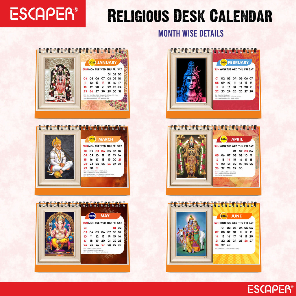 Hindu Gods & Goddess Religious Desk Calendar 2026, (A5 Size, 8.5" x 5.5") 12 Monthly Pages with Thick Paper Twin-Wire Binding Table Calendar 2026