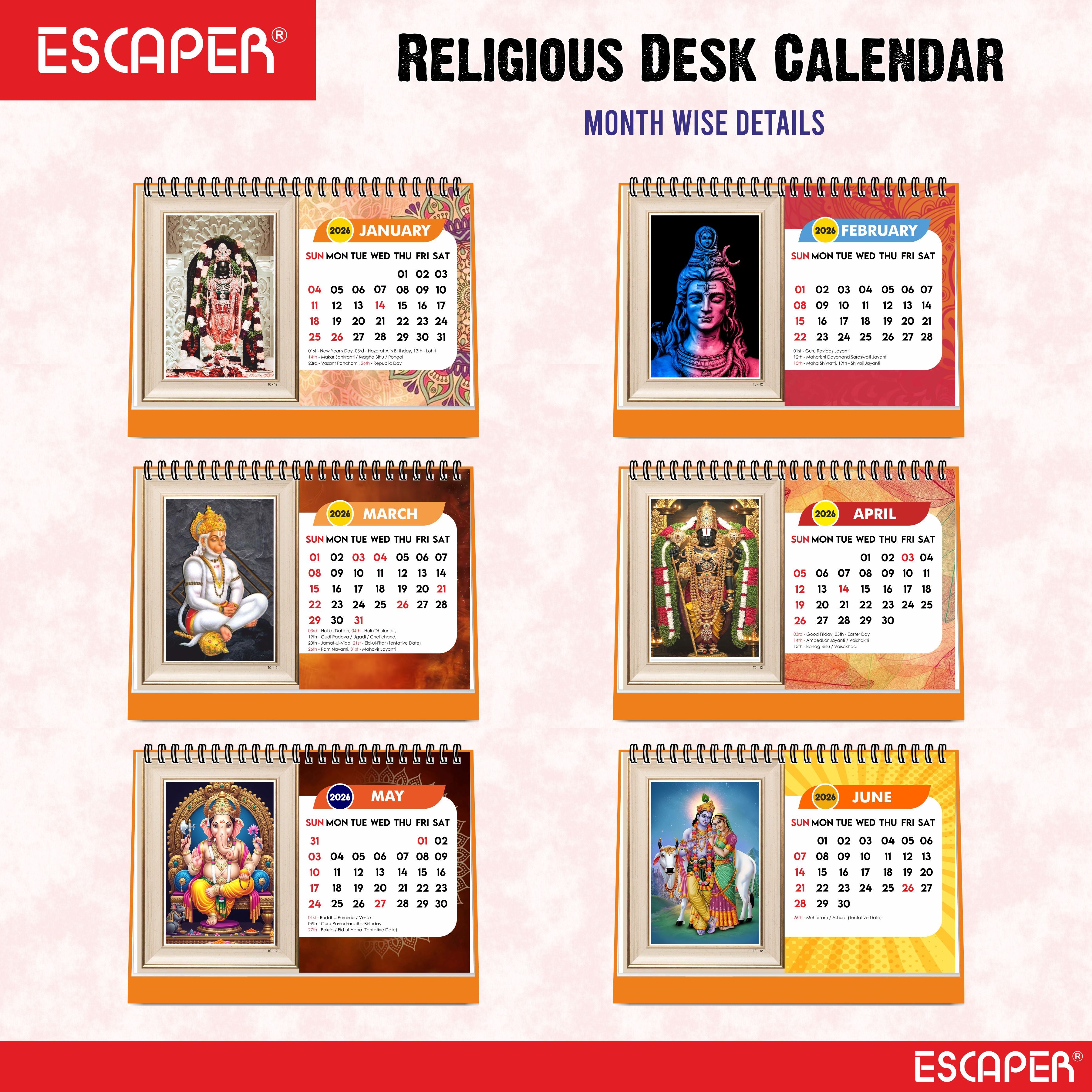 Hindu Gods & Goddess Religious Desk Calendar 2026, (A5 Size, 8.5" x 5.5") 12 Monthly Pages with Thick Paper Twin-Wire Binding Table Calendar 2026