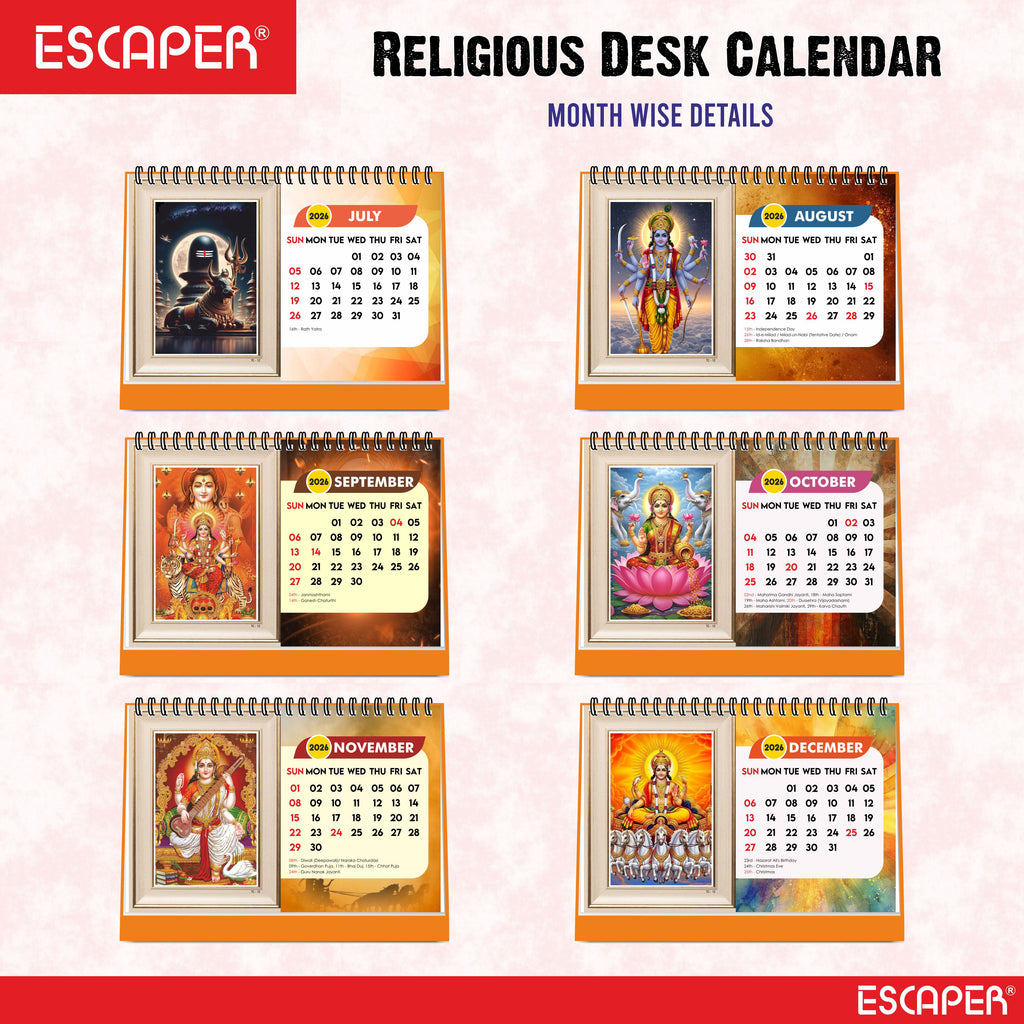 Hindu Gods & Goddess Religious Desk Calendar 2026, (A5 Size, 8.5" x 5.5") 12 Monthly Pages with Thick Paper Twin-Wire Binding Table Calendar 2026