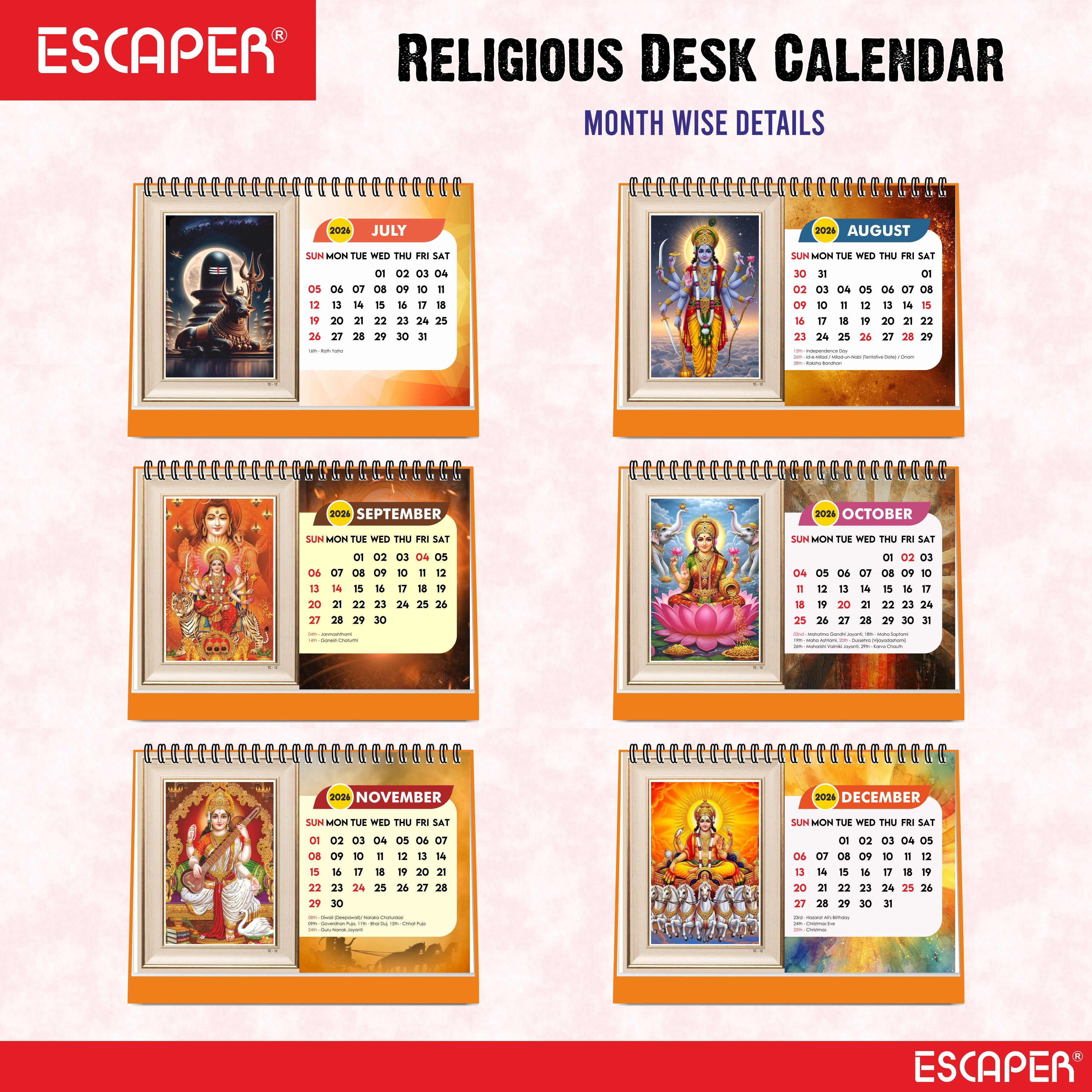 Hindu Gods & Goddess Religious Desk Calendar 2026, (A5 Size, 8.5" x 5.5") 12 Monthly Pages with Thick Paper Twin-Wire Binding Table Calendar 2026