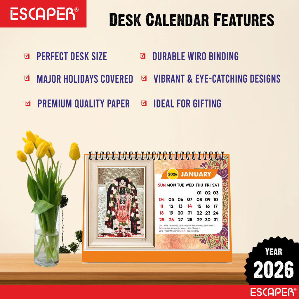 Hindu Gods & Goddess Religious Desk Calendar 2026, (A5 Size, 8.5" x 5.5") 12 Monthly Pages with Thick Paper Twin-Wire Binding Table Calendar 2026