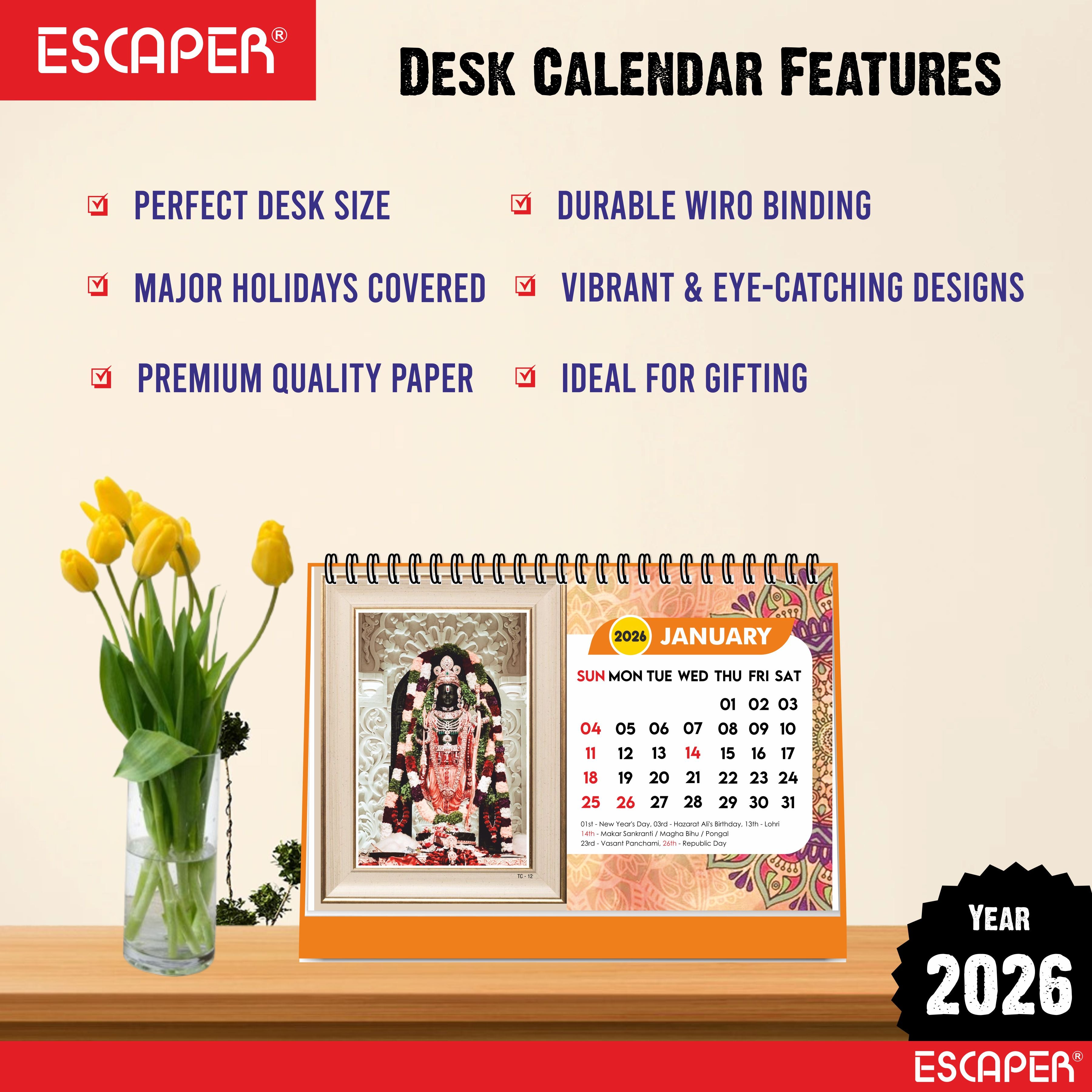 Hindu Gods & Goddess Religious Desk Calendar 2026, (A5 Size, 8.5" x 5.5") 12 Monthly Pages with Thick Paper Twin-Wire Binding Table Calendar 2026