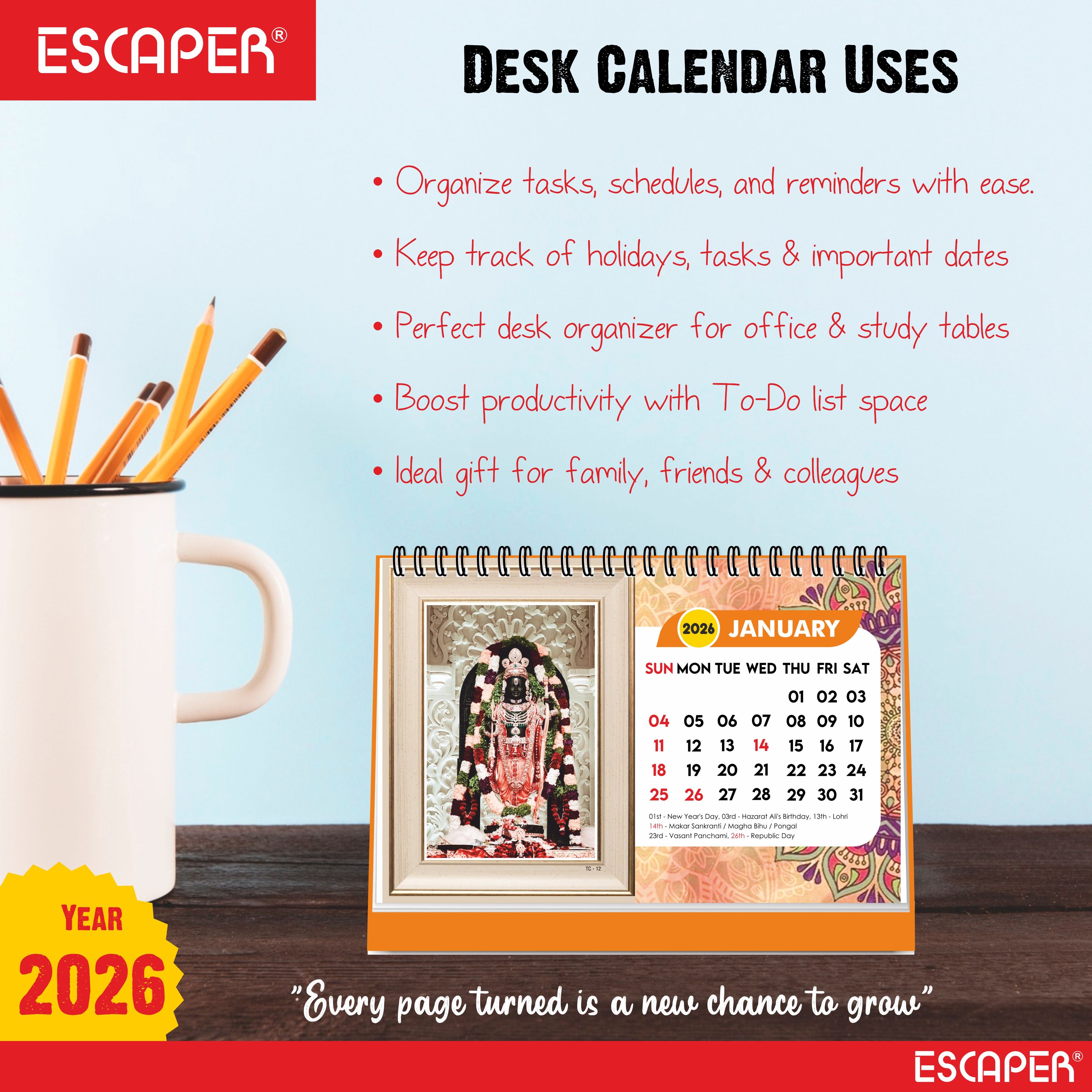 Hindu Gods & Goddess Religious Desk Calendar 2026, (A5 Size, 8.5" x 5.5") 12 Monthly Pages with Thick Paper Twin-Wire Binding Table Calendar 2026