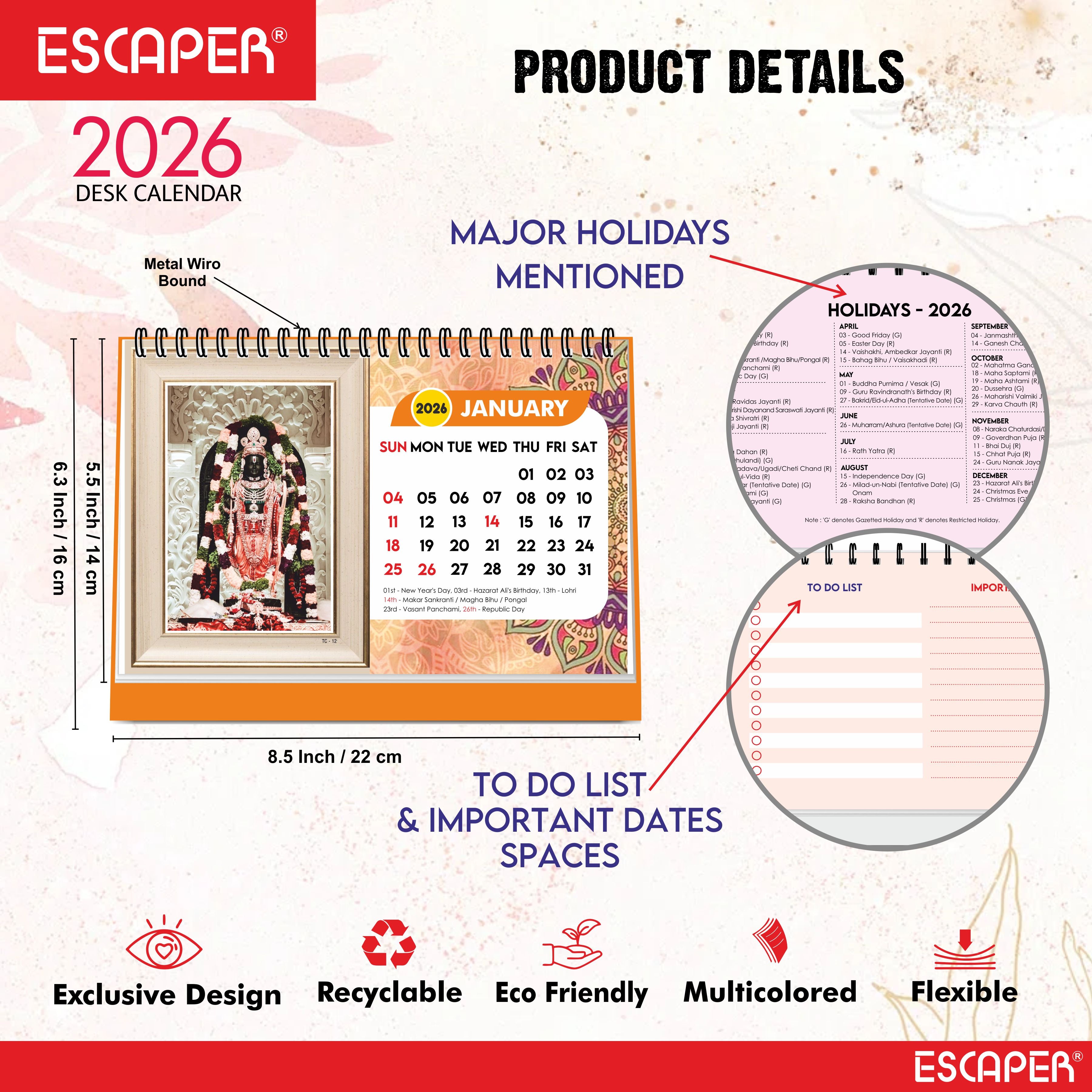Hindu Gods & Goddess Religious Desk Calendar 2026, (A5 Size, 8.5" x 5.5") 12 Monthly Pages with Thick Paper Twin-Wire Binding Table Calendar 2026