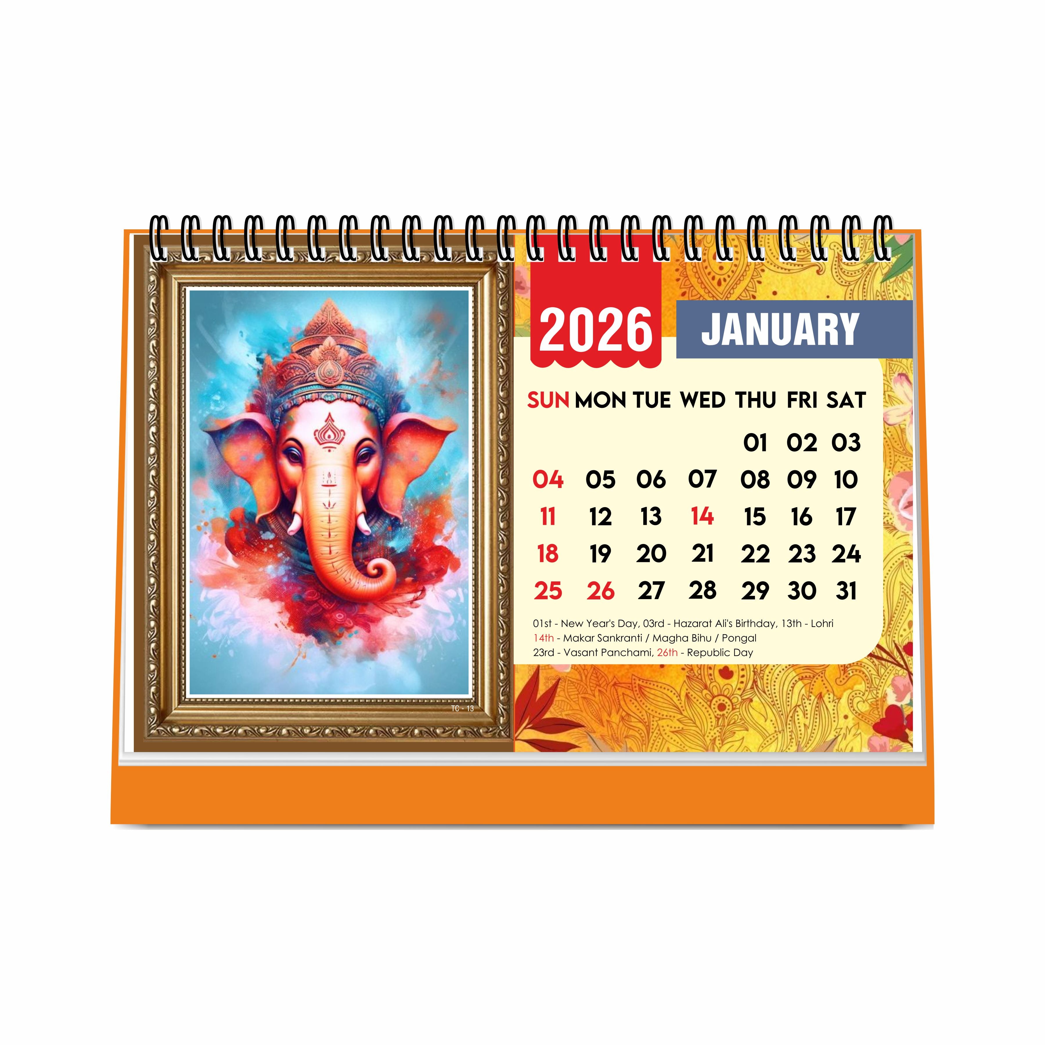 Lord Ganesha Desk Calendar 2026, A5 Size - Table Calendar 2026, 12 Monthly Pages, Religious Ganesh Ji Calendar for Office & Gifting