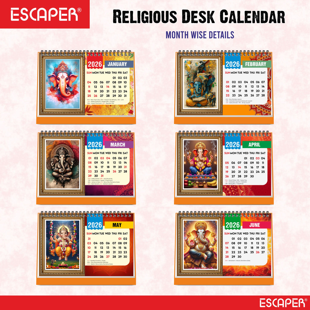 Lord Ganesha Desk Calendar 2026, A5 Size - Table Calendar 2026, 12 Monthly Pages, Religious Ganesh Ji Calendar for Office & Gifting