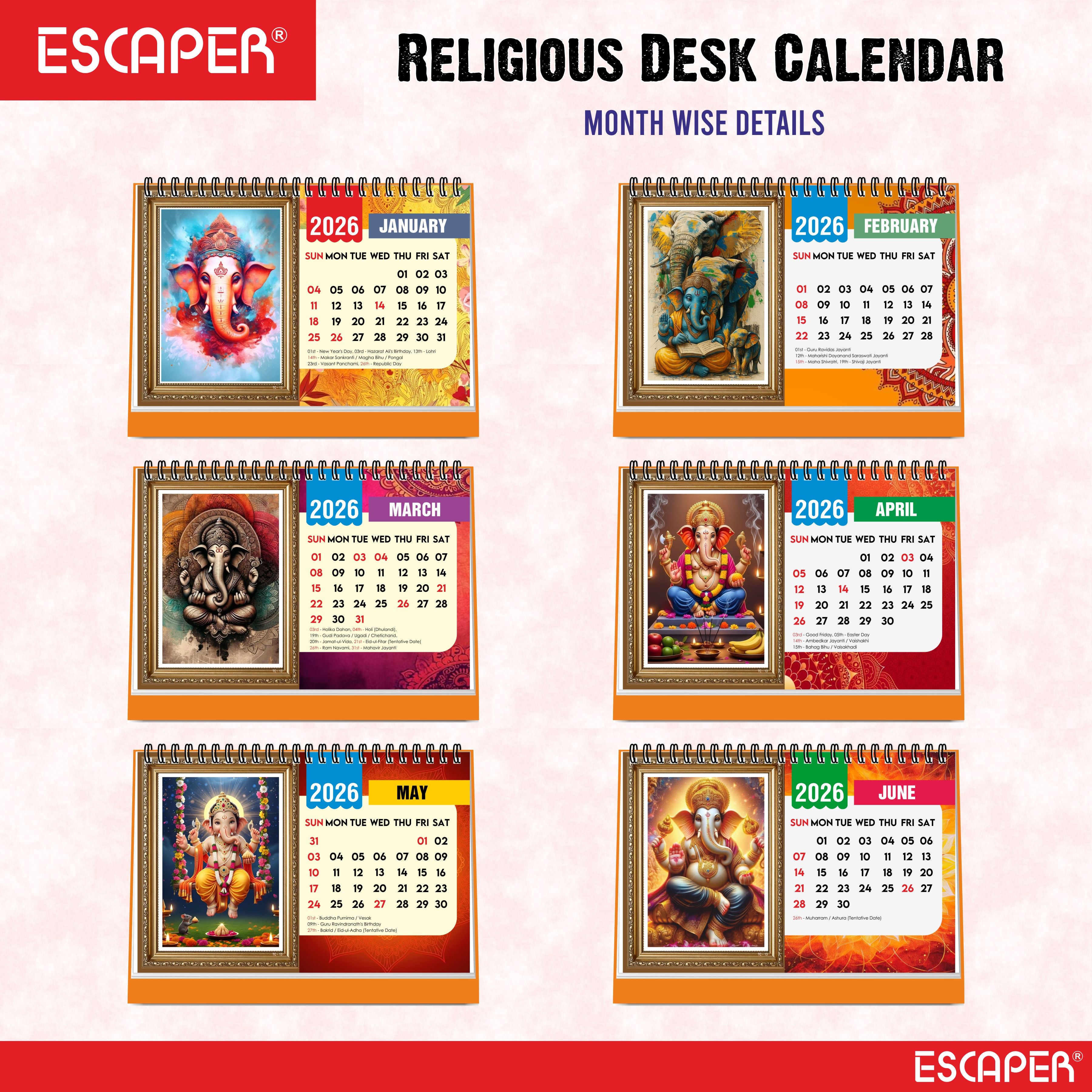 Lord Ganesha Desk Calendar 2026, A5 Size - Table Calendar 2026, 12 Monthly Pages, Religious Ganesh Ji Calendar for Office & Gifting