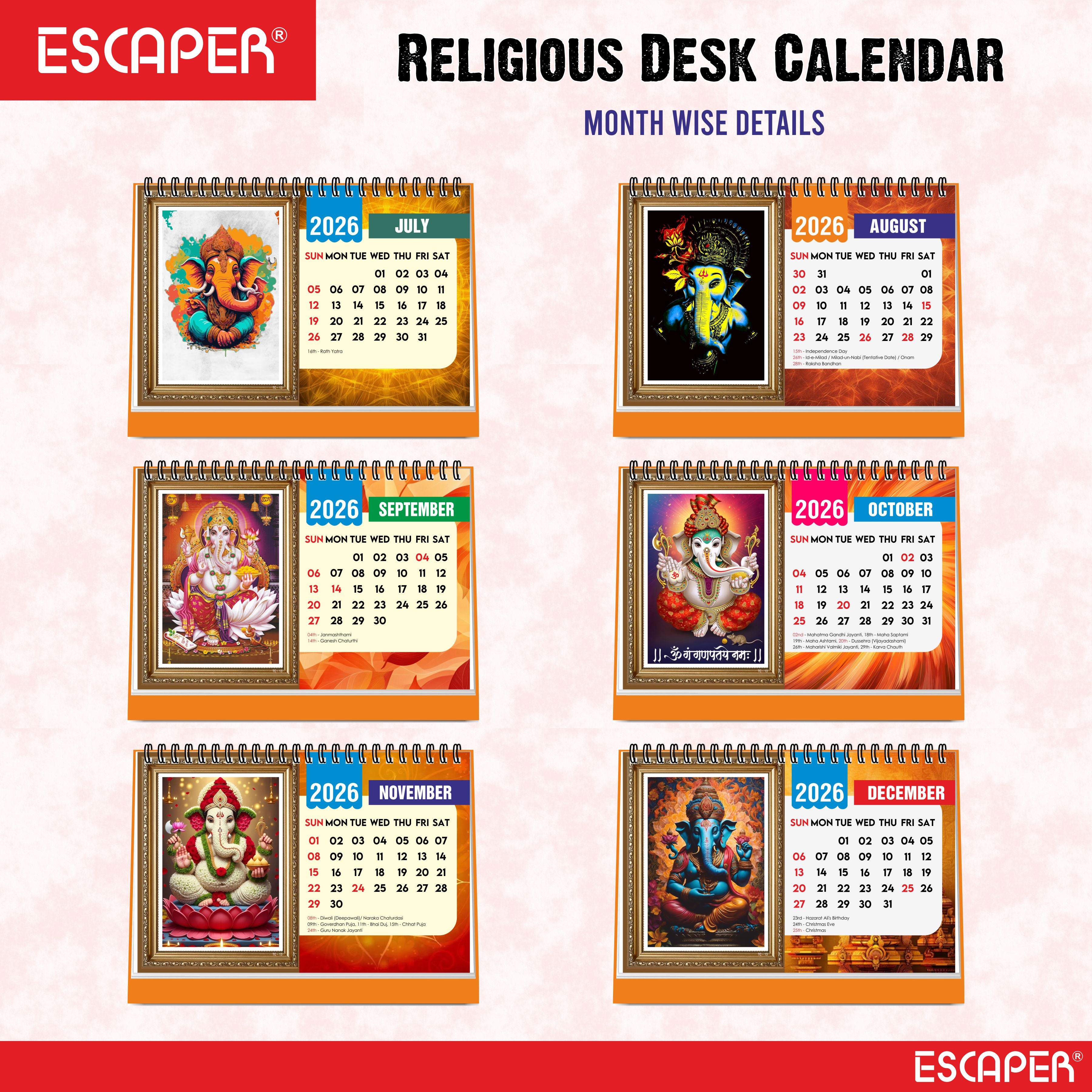 Lord Ganesha Desk Calendar 2026, A5 Size - Table Calendar 2026, 12 Monthly Pages, Religious Ganesh Ji Calendar for Office & Gifting