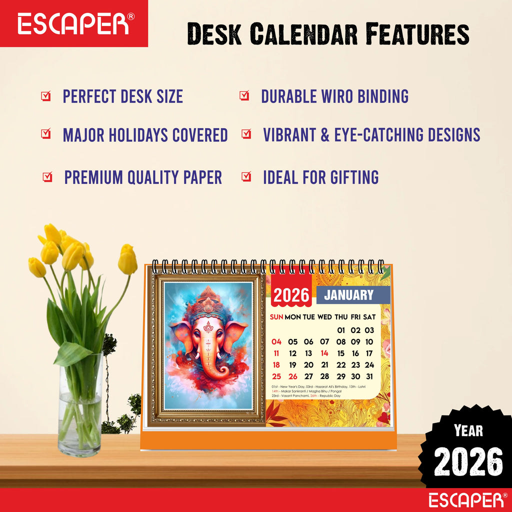 Lord Ganesha Desk Calendar 2026, A5 Size - Table Calendar 2026, 12 Monthly Pages, Religious Ganesh Ji Calendar for Office & Gifting