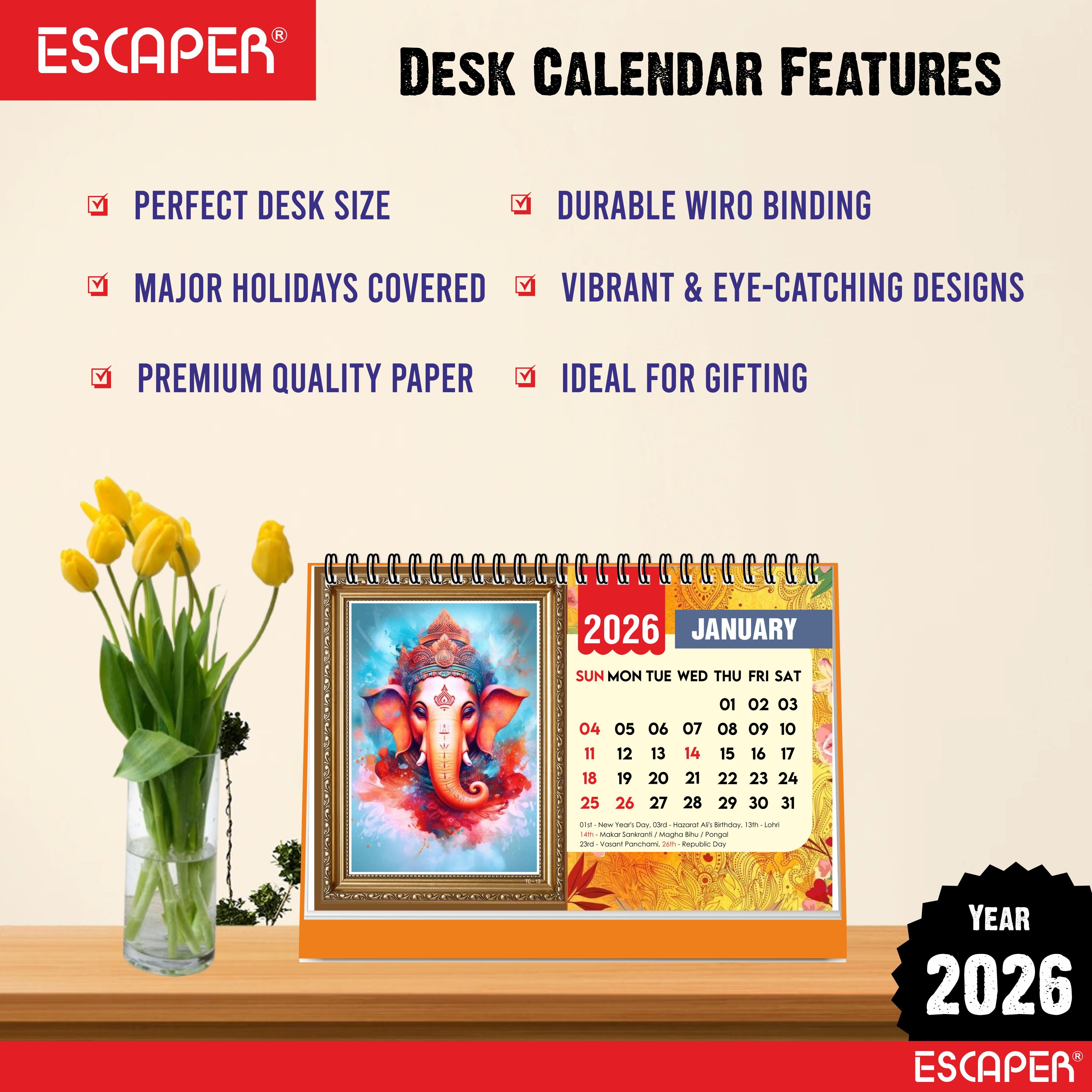 Lord Ganesha Desk Calendar 2026, A5 Size - Table Calendar 2026, 12 Monthly Pages, Religious Ganesh Ji Calendar for Office & Gifting