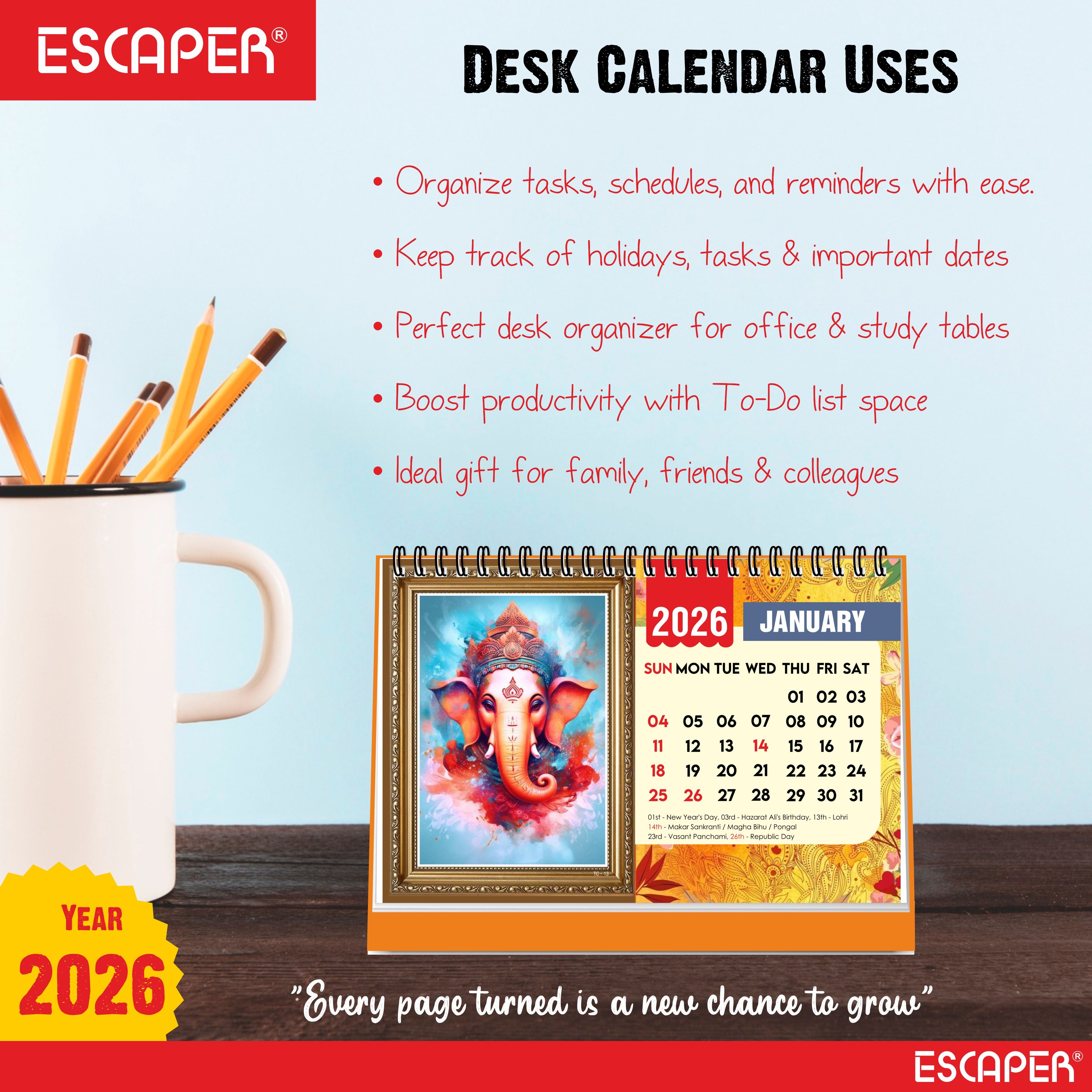 Lord Ganesha Desk Calendar 2026, A5 Size - Table Calendar 2026, 12 Monthly Pages, Religious Ganesh Ji Calendar for Office & Gifting