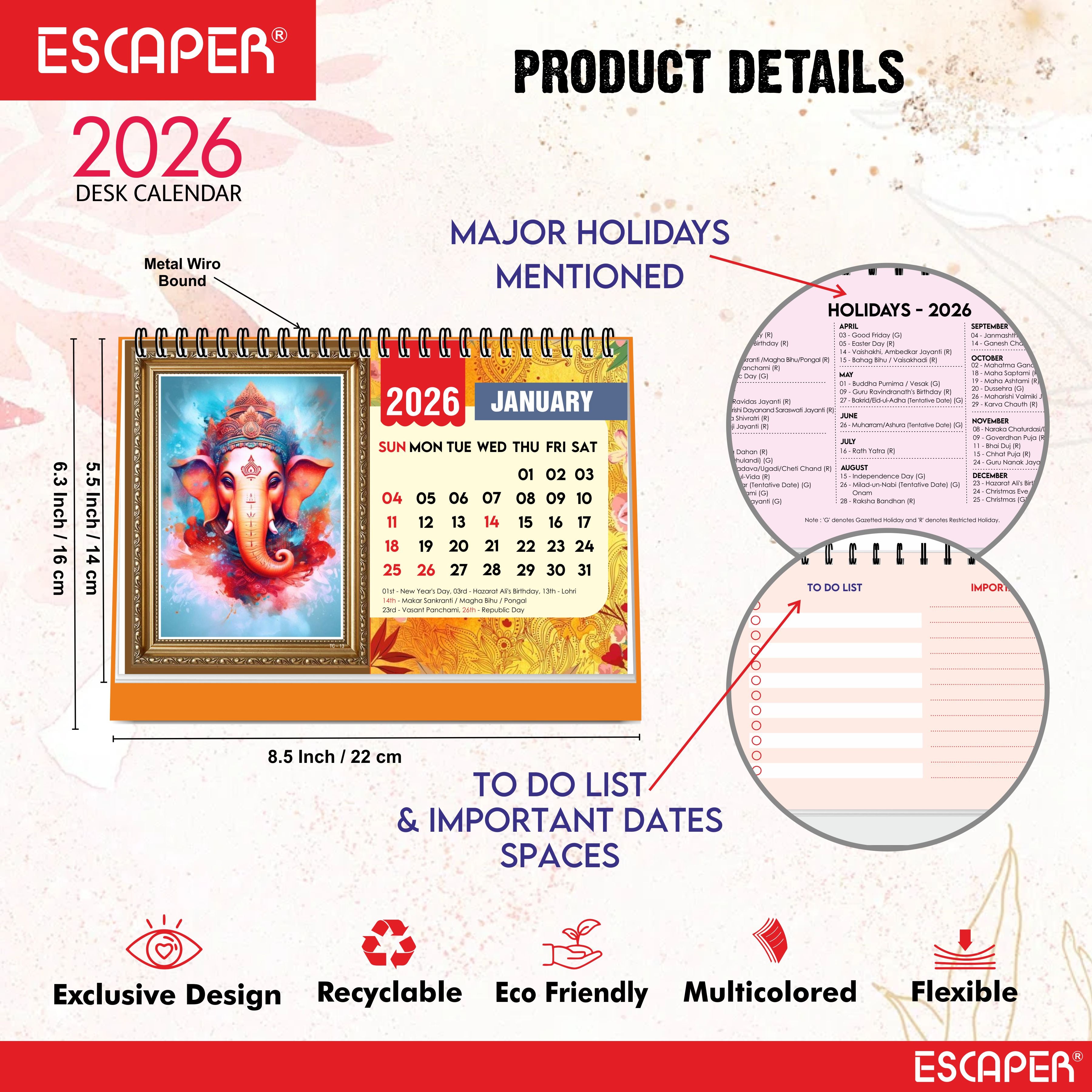 Lord Ganesha Desk Calendar 2026, A5 Size - Table Calendar 2026, 12 Monthly Pages, Religious Ganesh Ji Calendar for Office & Gifting
