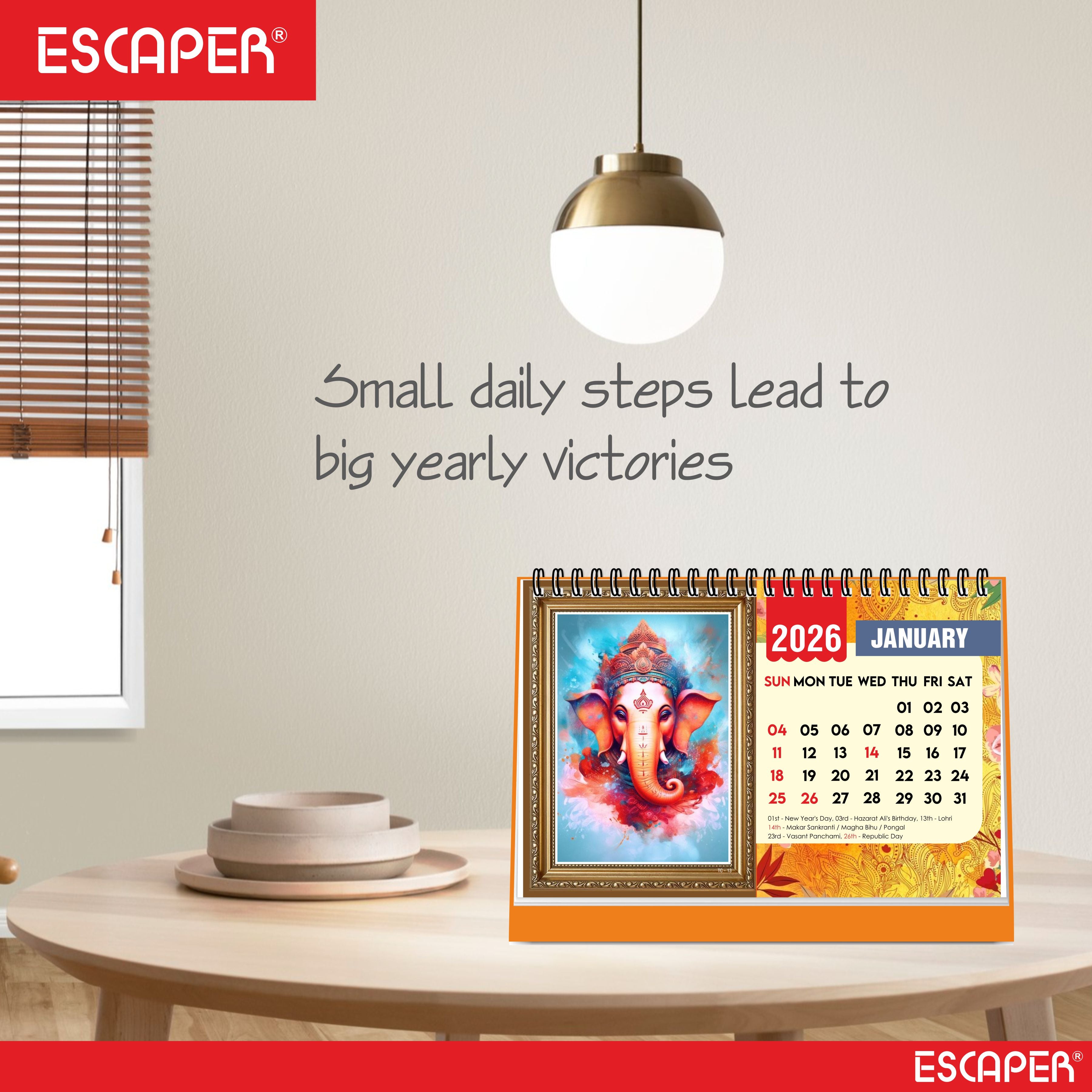 Lord Ganesha Desk Calendar 2026, A5 Size - Table Calendar 2026, 12 Monthly Pages, Religious Ganesh Ji Calendar for Office & Gifting
