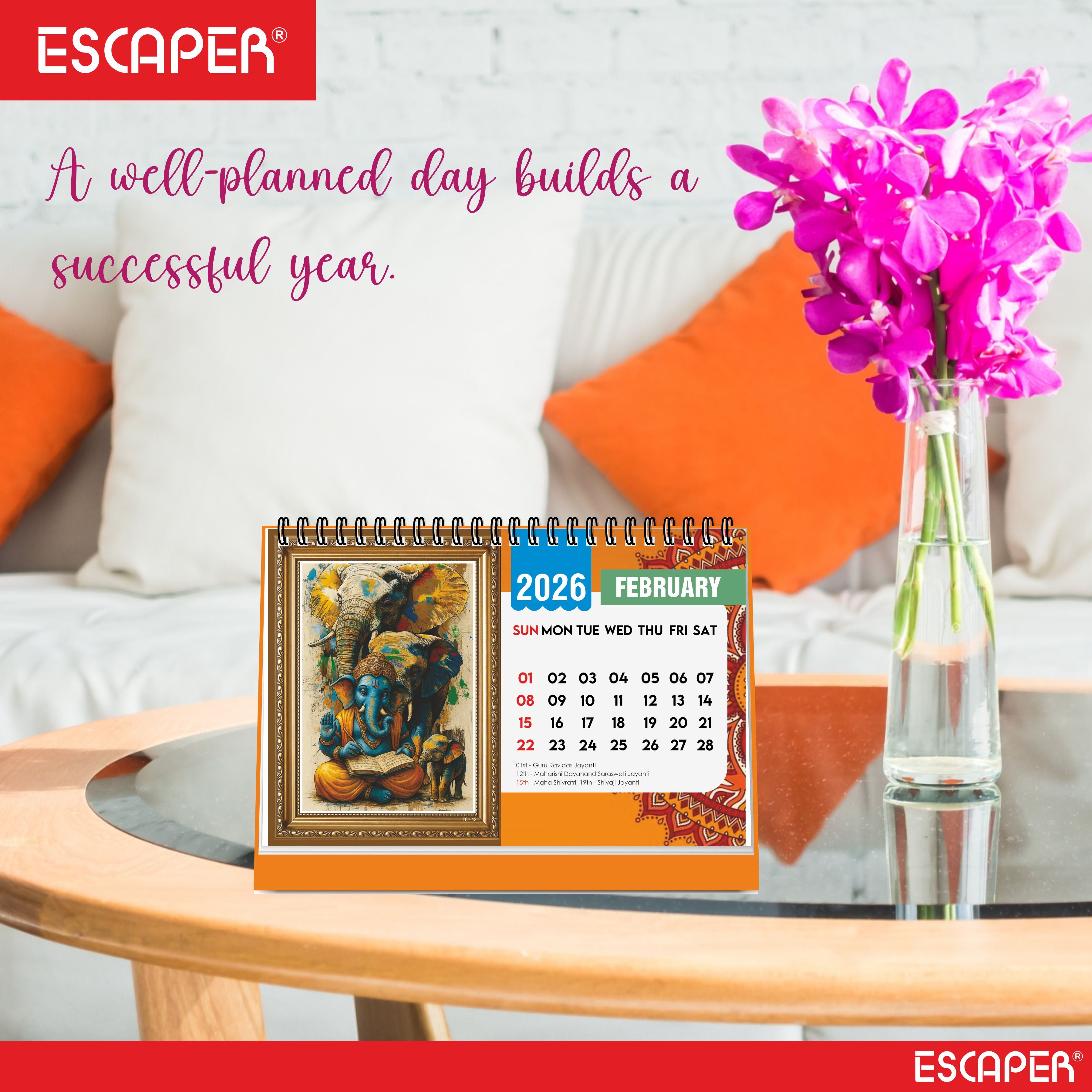 Lord Ganesha Desk Calendar 2026, A5 Size - Table Calendar 2026, 12 Monthly Pages, Religious Ganesh Ji Calendar for Office & Gifting