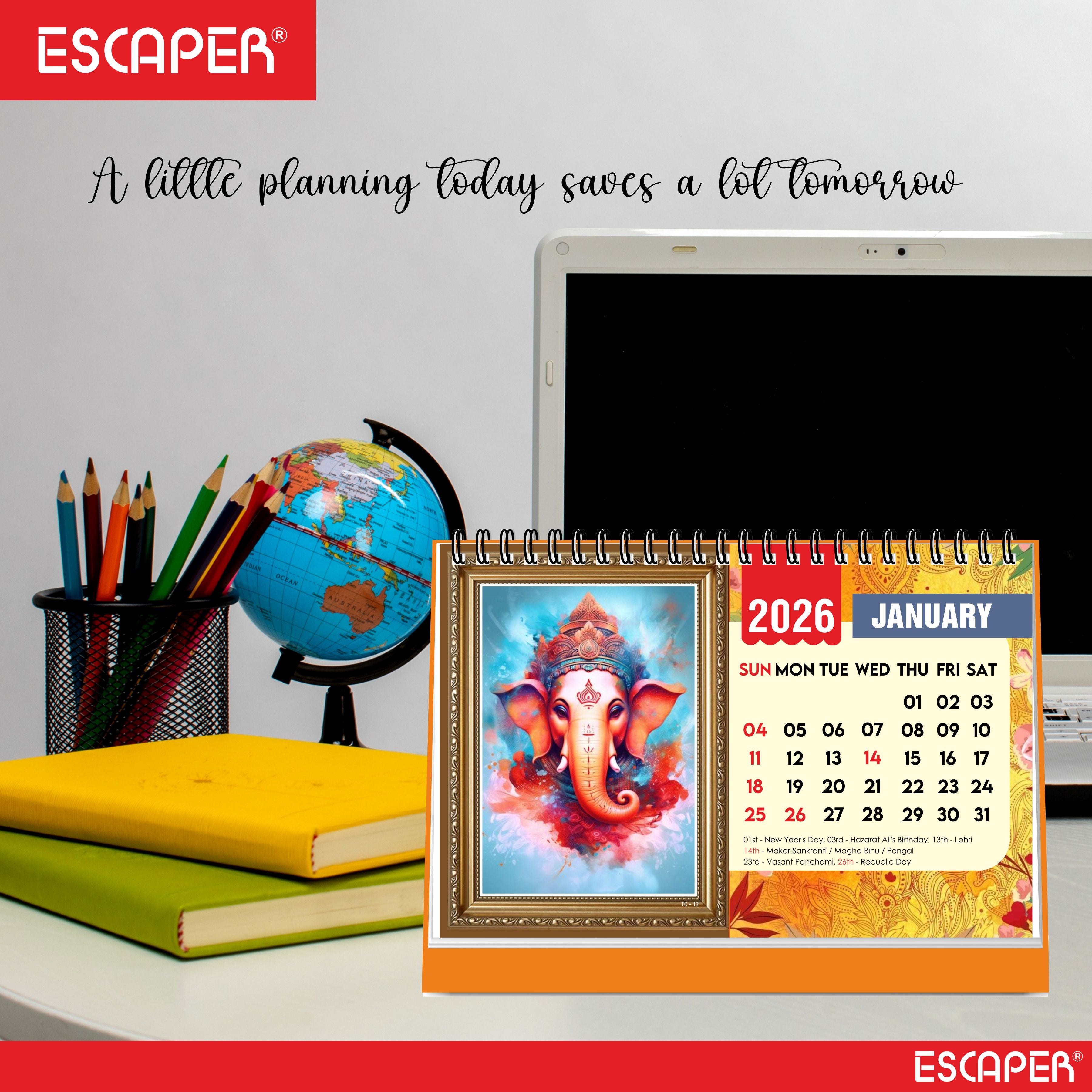 Lord Ganesha Desk Calendar 2026, A5 Size - Table Calendar 2026, 12 Monthly Pages, Religious Ganesh Ji Calendar for Office & Gifting