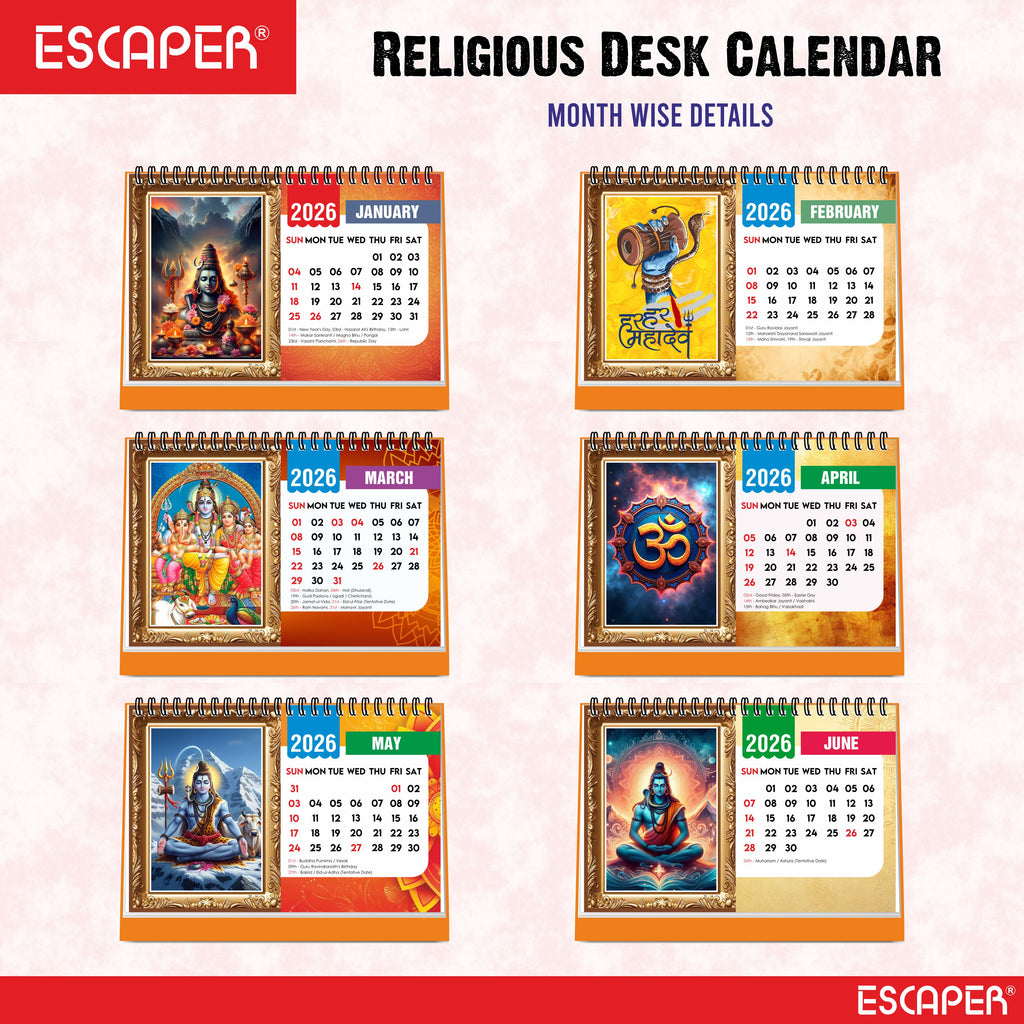Lord Shiva Table Calendar 2026, Mahadev Desk Calendar 2026, A5 Size New Year Calendar for Office, Study Table & Divine Gifting, Bholenath Calendar