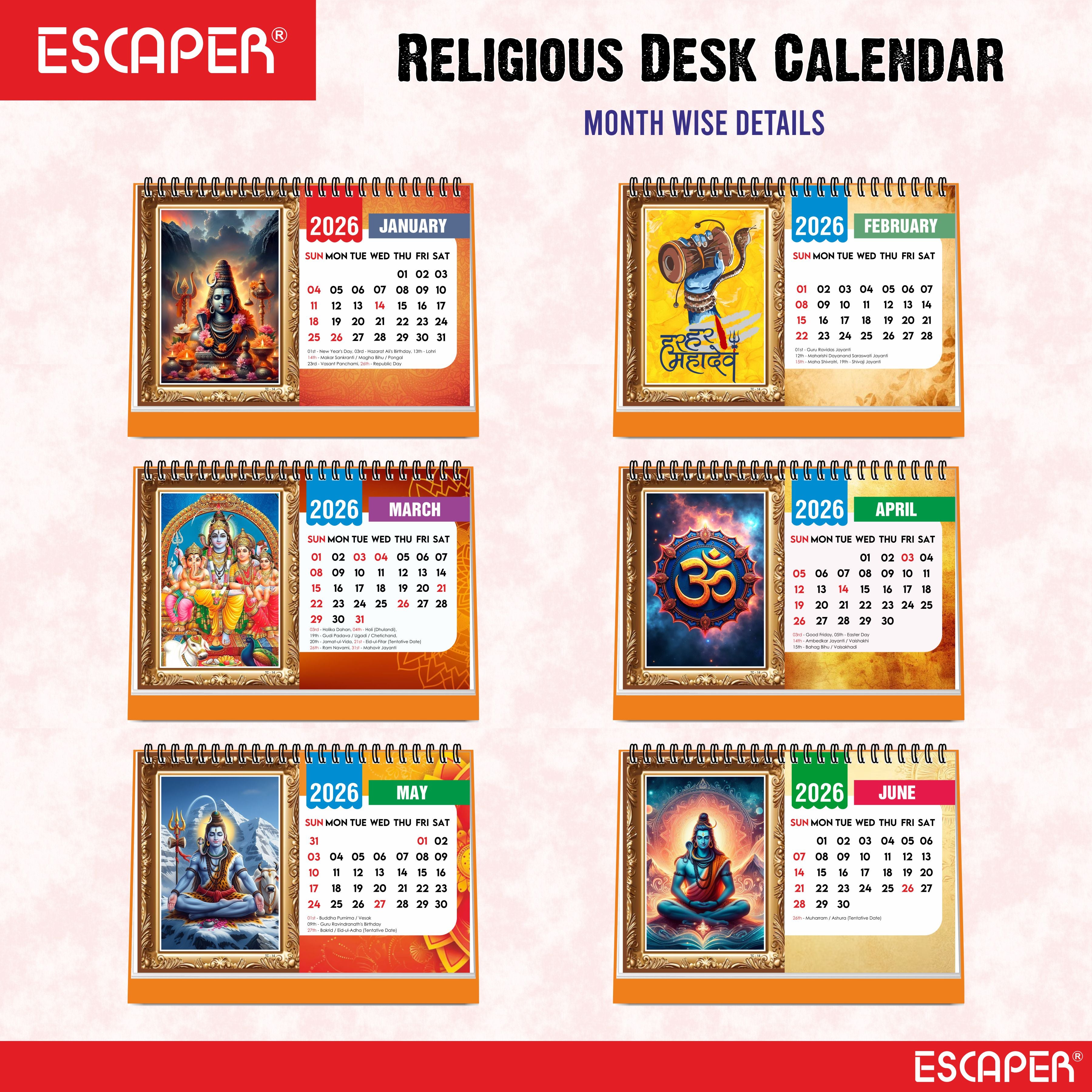 Lord Shiva Table Calendar 2026, Mahadev Desk Calendar 2026, A5 Size New Year Calendar for Office, Study Table & Divine Gifting, Bholenath Calendar