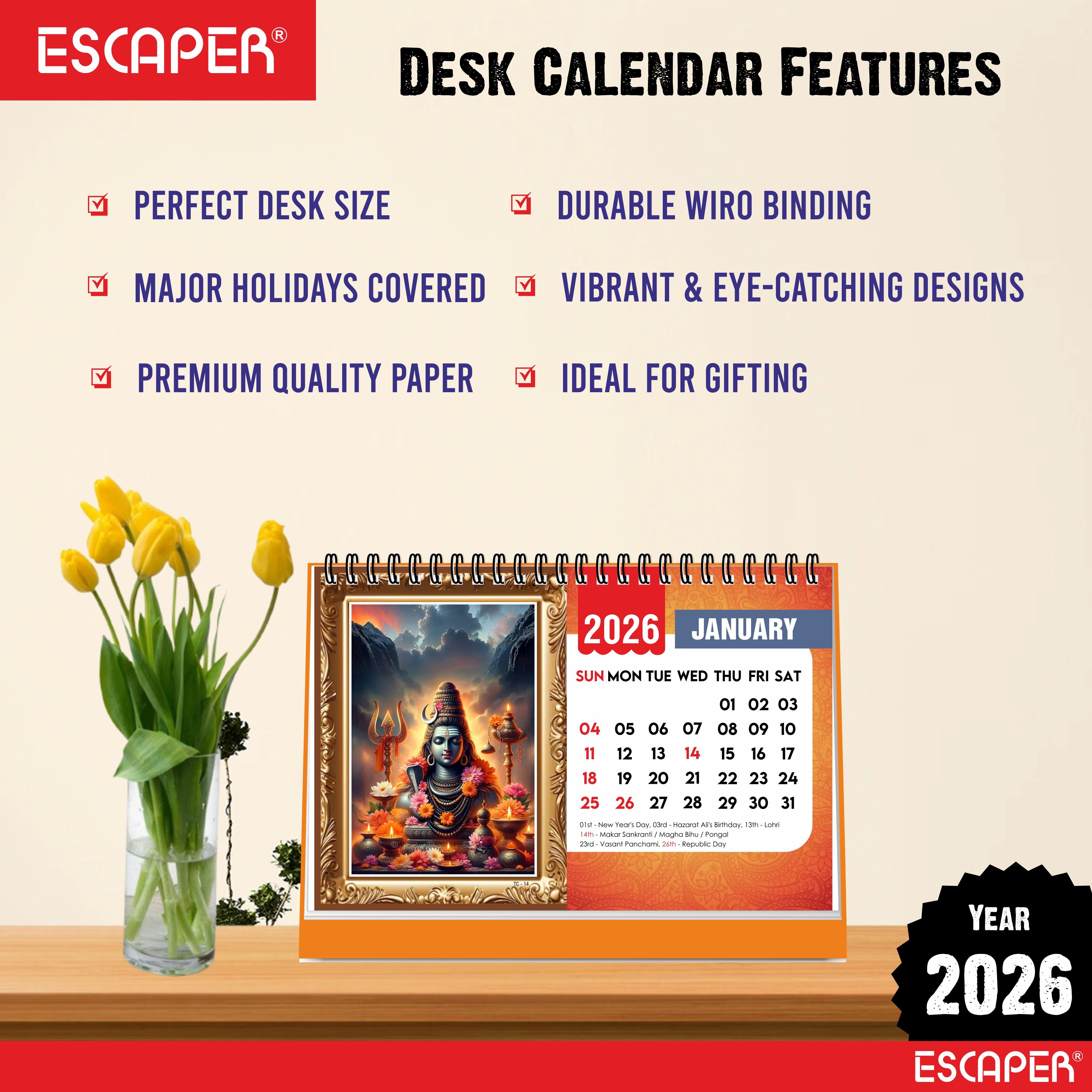 Lord Shiva Table Calendar 2026, Mahadev Desk Calendar 2026, A5 Size New Year Calendar for Office, Study Table & Divine Gifting, Bholenath Calendar