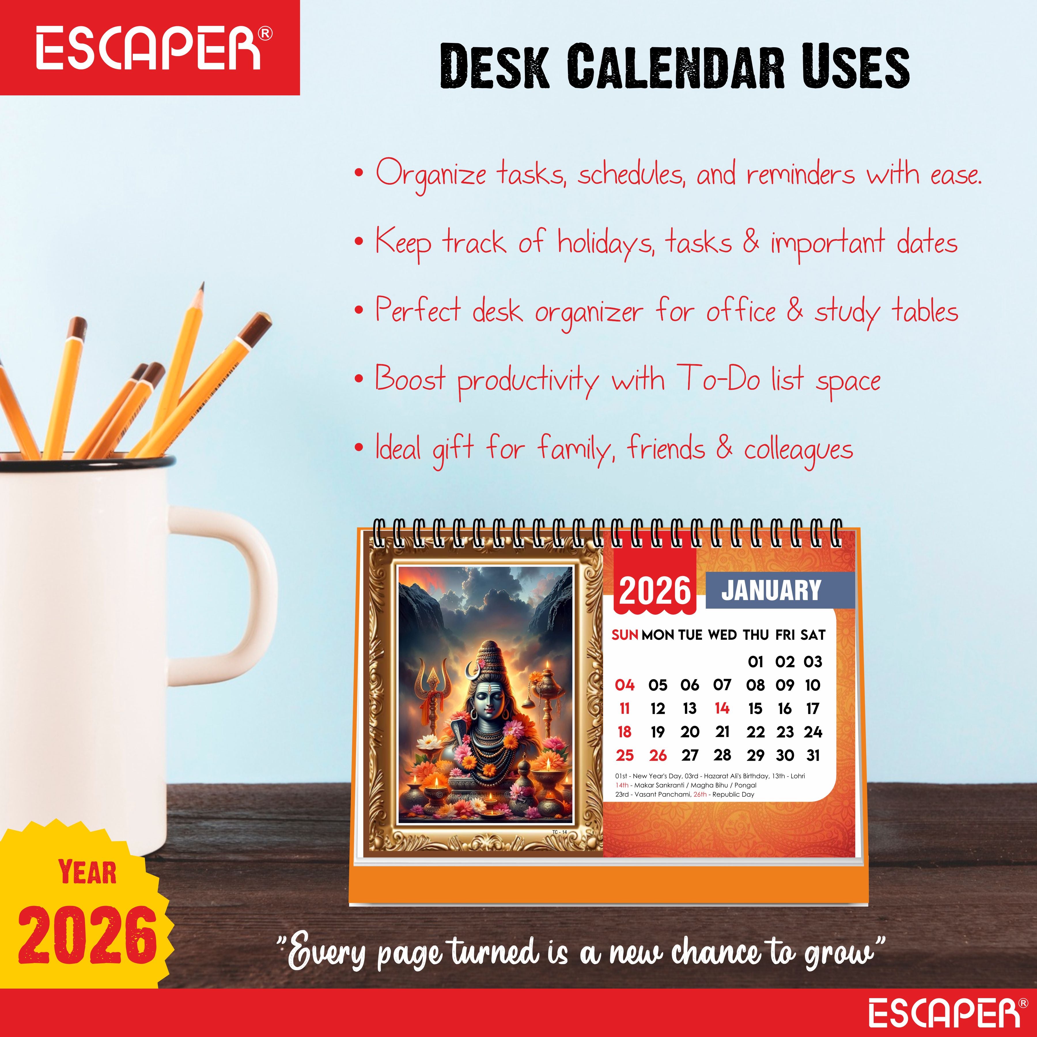 Lord Shiva Table Calendar 2026, Mahadev Desk Calendar 2026, A5 Size New Year Calendar for Office, Study Table & Divine Gifting, Bholenath Calendar