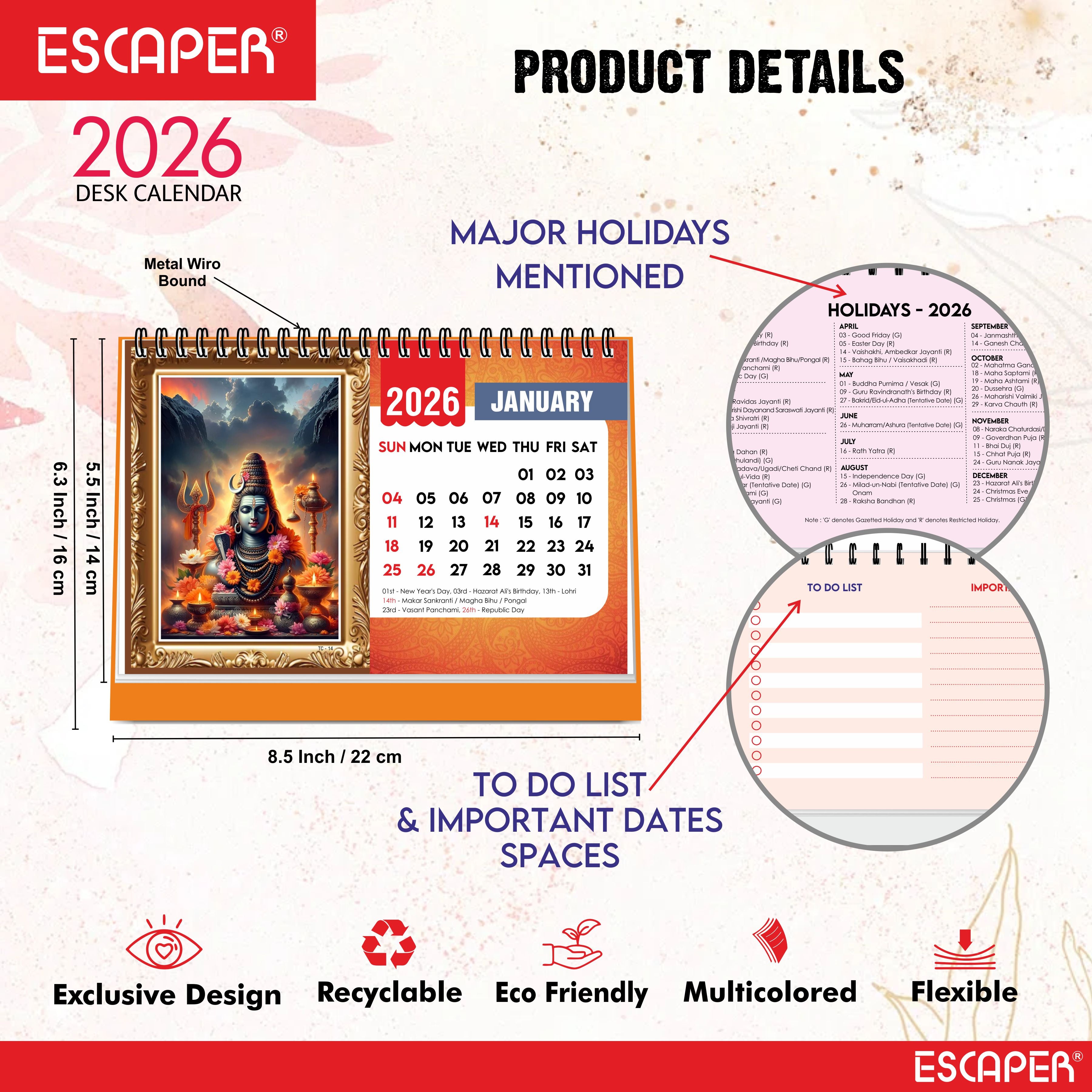 Lord Shiva Table Calendar 2026, Mahadev Desk Calendar 2026, A5 Size New Year Calendar for Office, Study Table & Divine Gifting, Bholenath Calendar