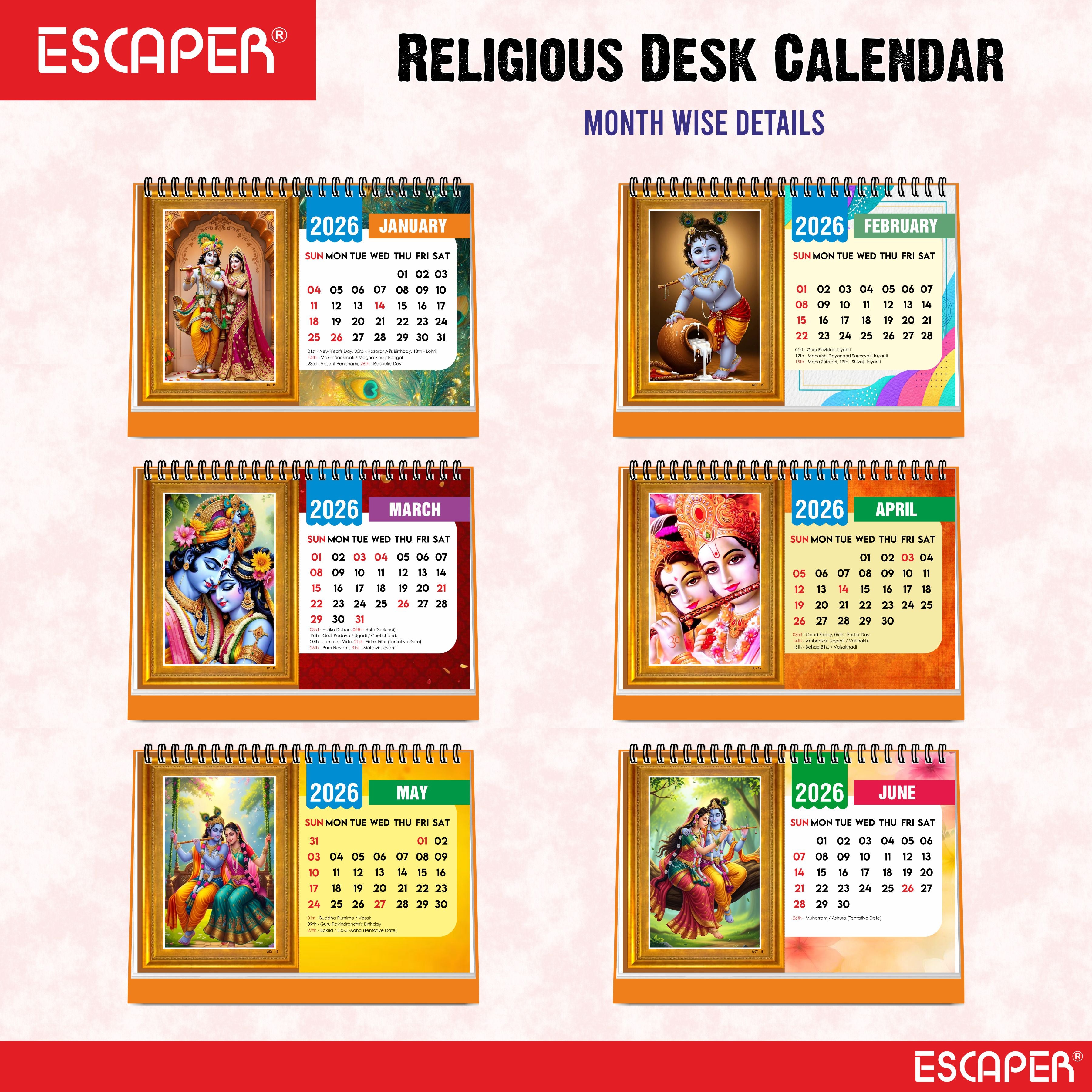 Lord Krishna Table Calendar 2026, Radha Krishna Desk Calendar, A5 Size 8.5 x 5.5", Cute Table Top Calendar, Shri Krishna Calendar 2026, New Year Calendar for Office & Gifting
